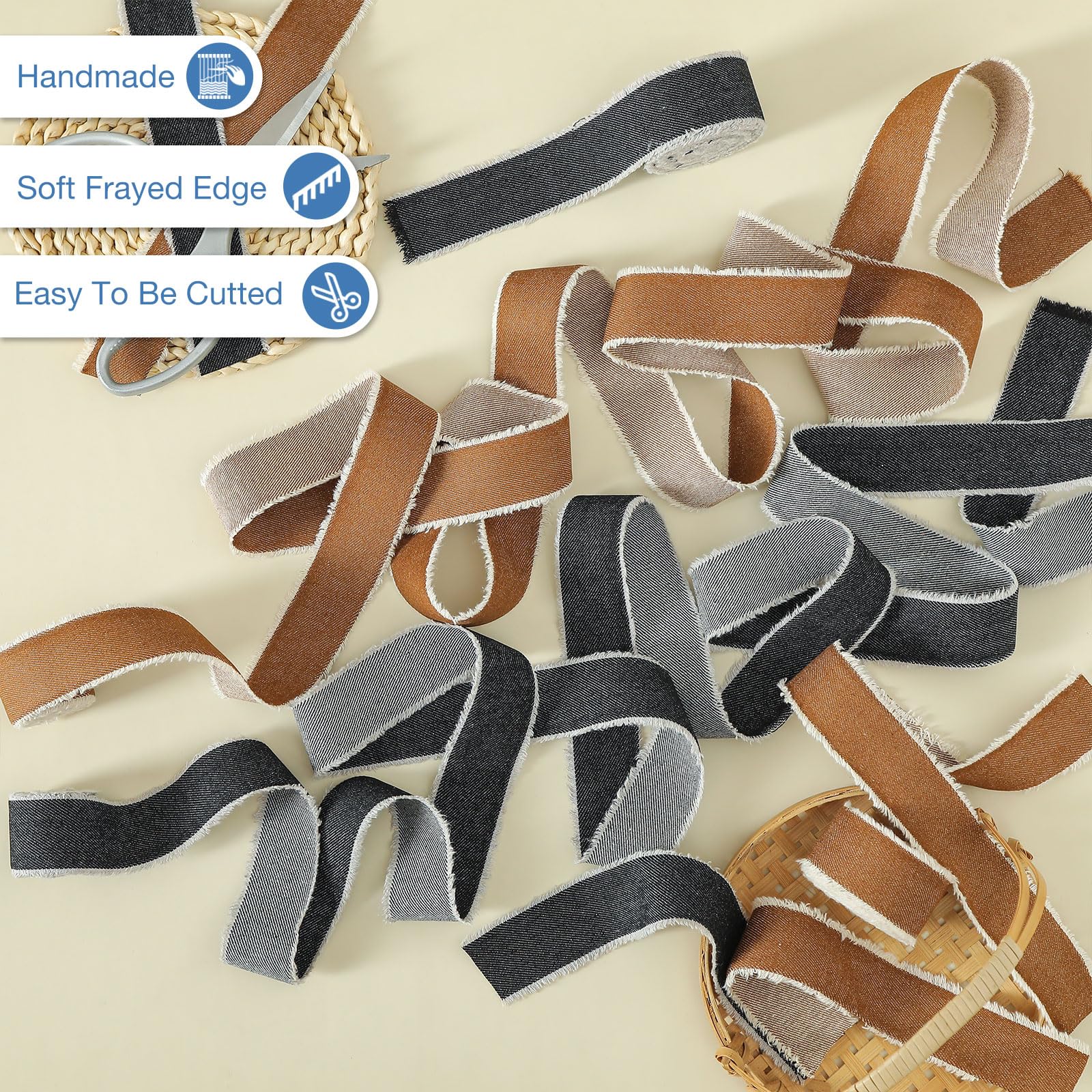 Pretty Jolly Brown Denim Ribbon for Gift Wrapping Handmade Rustic Frayed Cotton Fabric Ribbon for Flower Bouquet Total 15 Yards 1 1/2 Inch Ribbons for Crafts Hair Wedding Invitation Holiday Decor - Image 3