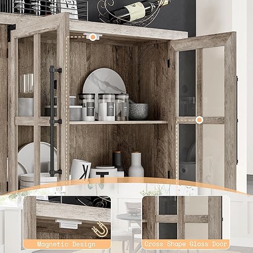 Miniatura 7 de Aparador de buffet de 63 pulgadas con almacenamiento, gabinete moderno de granja con 4 puertas de vidrio y estante ajustable, armario de mesa de