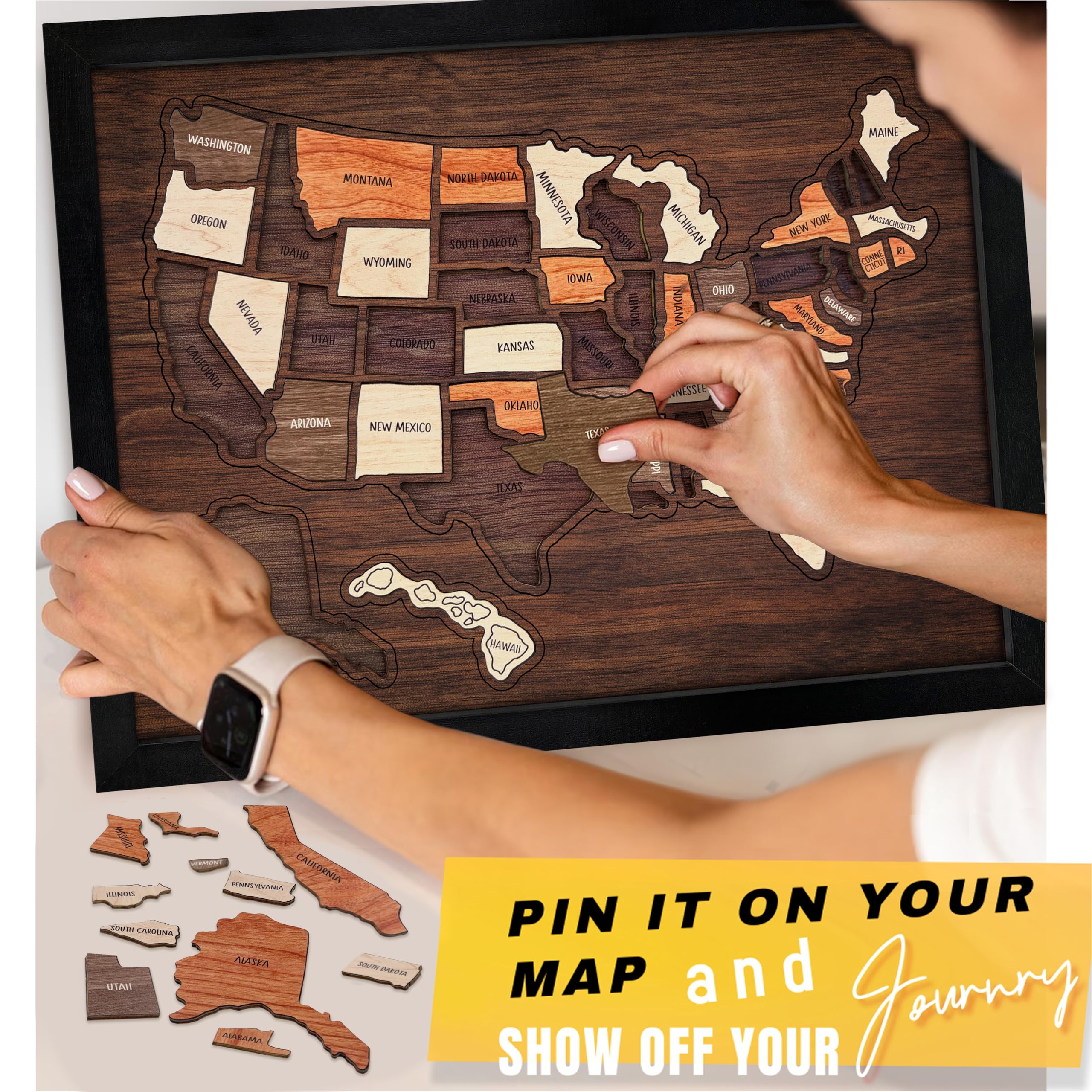 flinelife Carte de voyage des États-Unis, 43,2 x 33 cm, puzzle en bois, parfait pour les couples et les familles