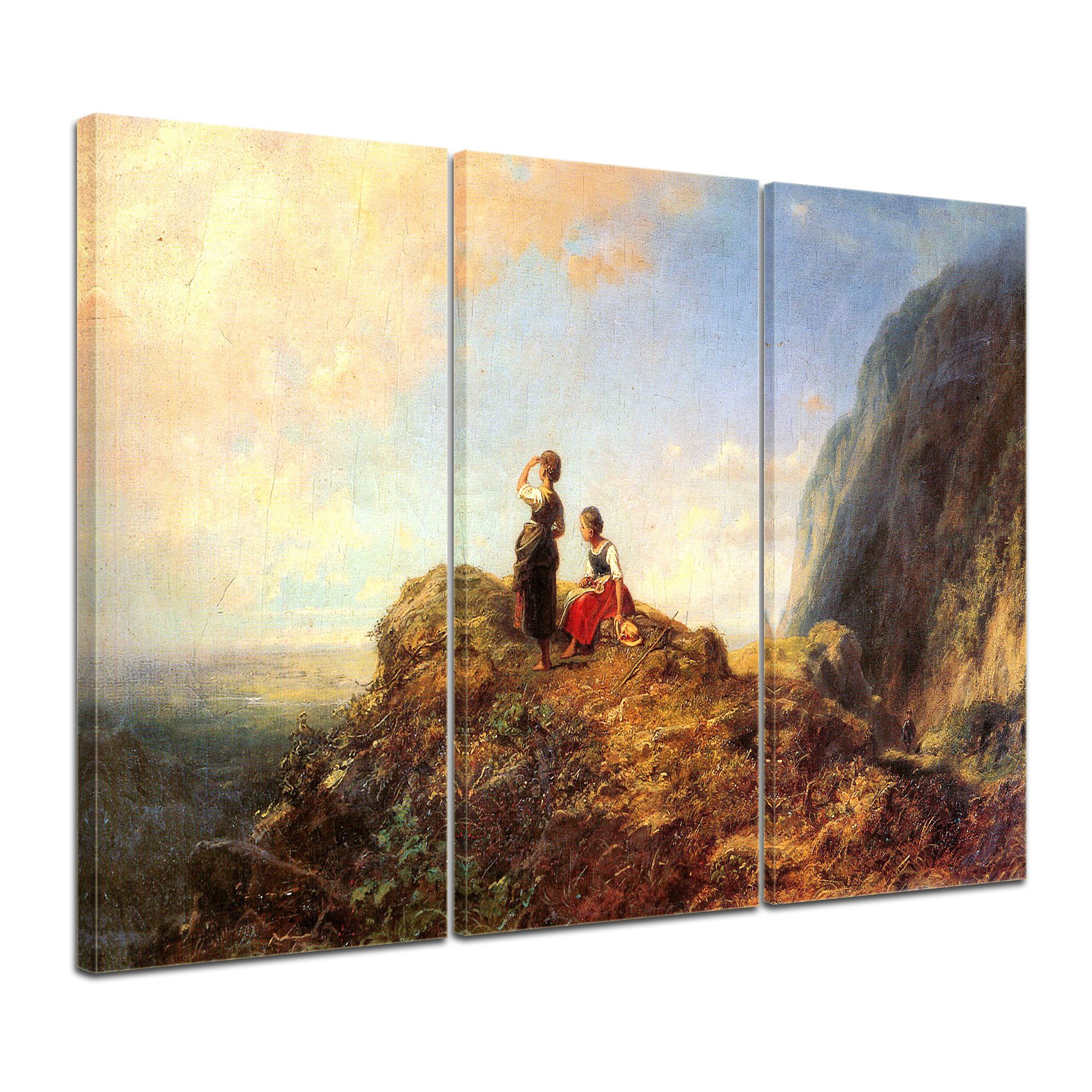 Bilderdepot24 Bild auf Leinwand | Carl Spitzweg Zwei Mädchen auf der Alm in 120x80 cm mehrteilig als Wandbild XXL | Wand-deko Dekoration Wohnung alte Meister | 180131-120x80-3tlg