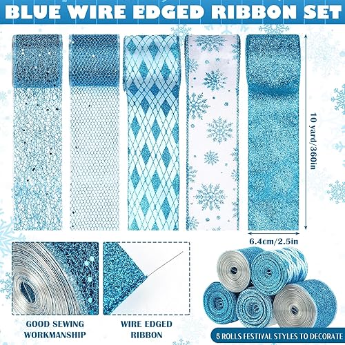 Miniatura 2 de Cindeer - 5 rollos de cinta de Navidad con alambre de malla metálica con purpurina, cinta de Navidad para arcos de árbol, surtido de 50 yardas,