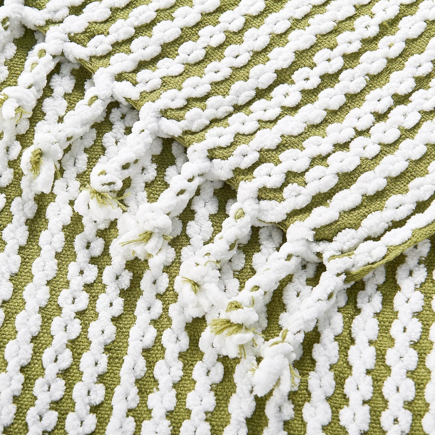 Home Soft Things Textured Chain Tweed Throw Blanket - Silky Soft Microfiber - Modern Farmhouse & Boho Decor for Couch, Bed or Patio - All-Season Breathable Knit with Tassels, 50" x 60", Green Olive