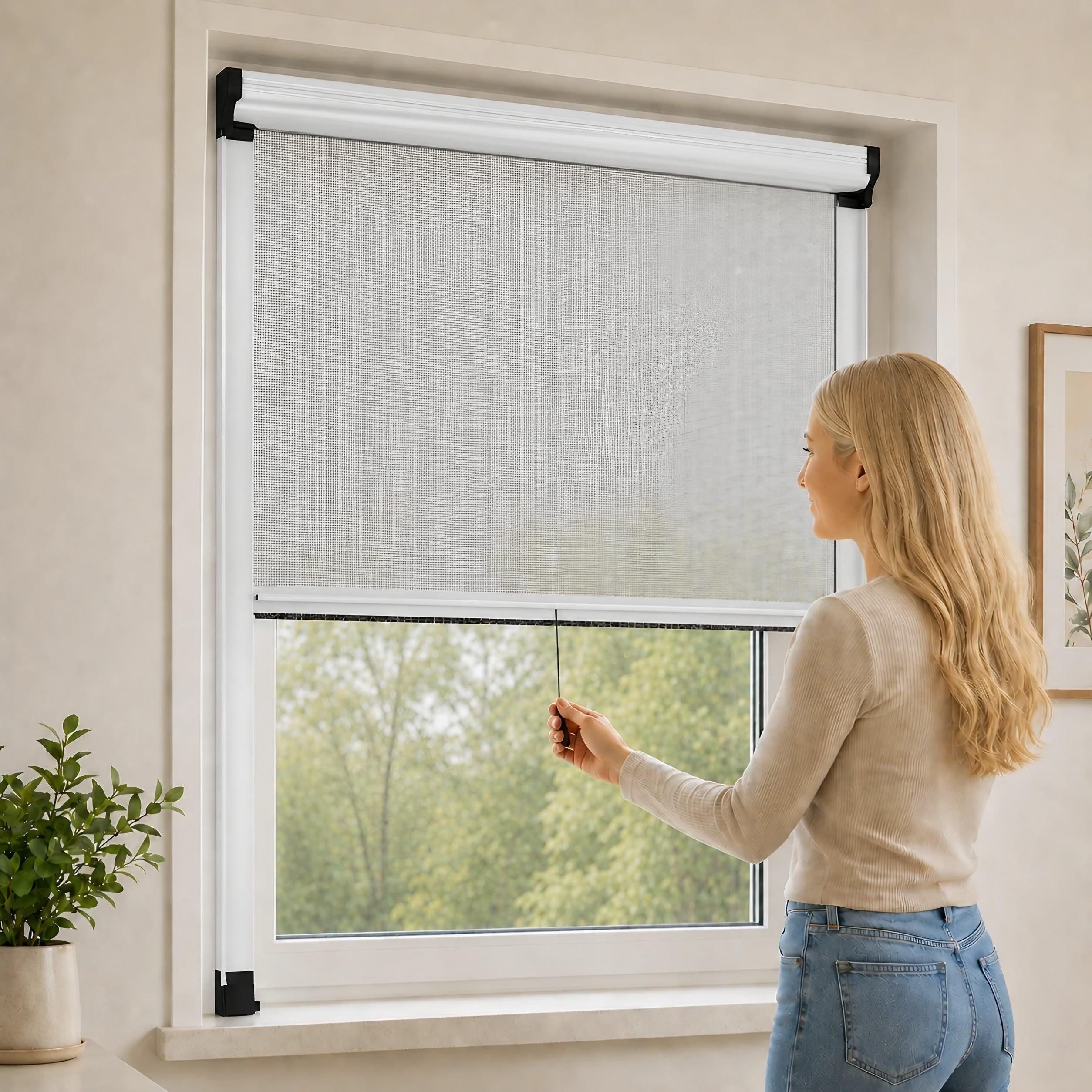 ESTO Insektenschutzrollo für Fenster, in Höhe und Breite zuschneidbar, Aluminiumrahmen, verschiedene Größen und Farben, Insektenschutznetz für Schiebe- und Flügelfenster (Weiß, 120 x 160 cm)