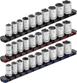ARES 60103-3-Piece 3/8-Inch Drive 9.84-Inch Aluminum Socket Rail Set with Locking End Caps - Includes Red, Blue, and Black Rails - Each Aluminum Rail Stores up to 10 Sockets