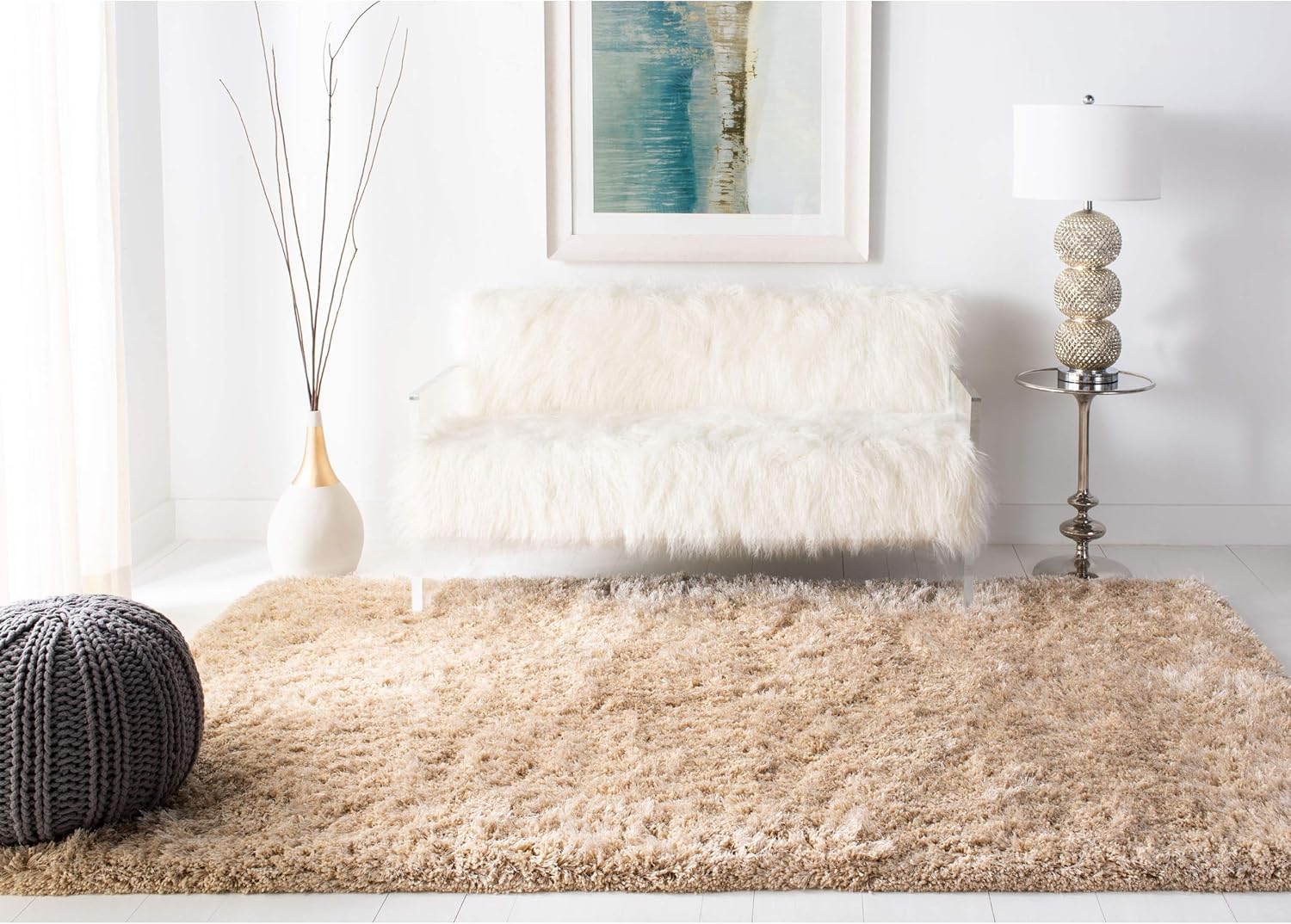 SAFAVIEH Atlantic Shag Collection 4' x 6' Beige ATG101B Handmade Solid 1.2-inch Thick Area Rug