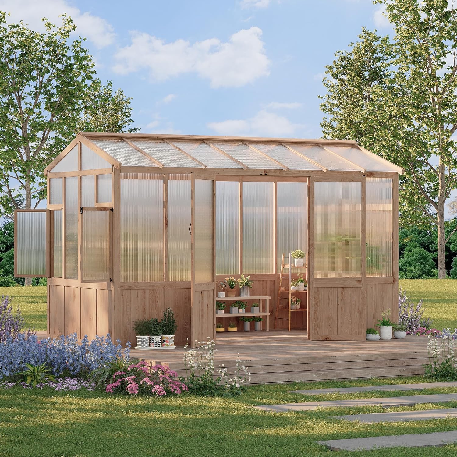 Garvee 8x12 FT Wooden Greenhouse in a garden setting with plants inside.