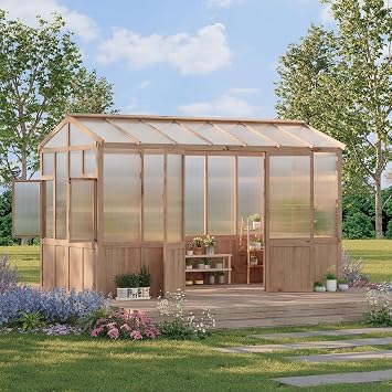8X12 FT Heavy Duty Wooden Greenhouse for Outdoor - Walk-in Green House Kit with 6mm Polycarbonate, Ventilated Window & Lockable Door for Backyard, Patio, Lawn