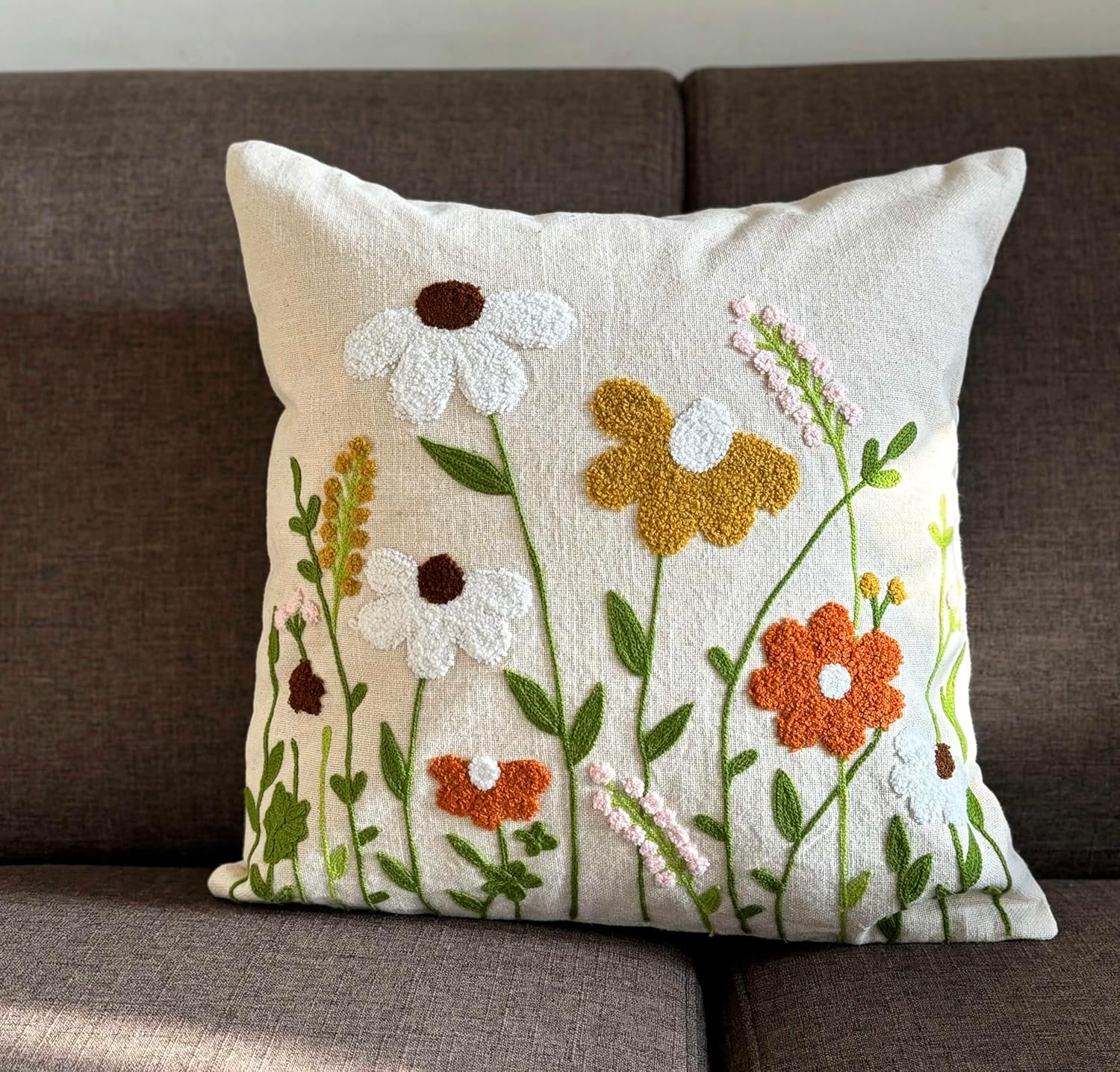 Decorative Embroidered Cotton Pillow Cover Floral Design Crewel Embroidery Cushion Cover in 16 x 16 inches for Couch, Chair, Sofa, Bed Luxury Home Decor Multicolor TC 350