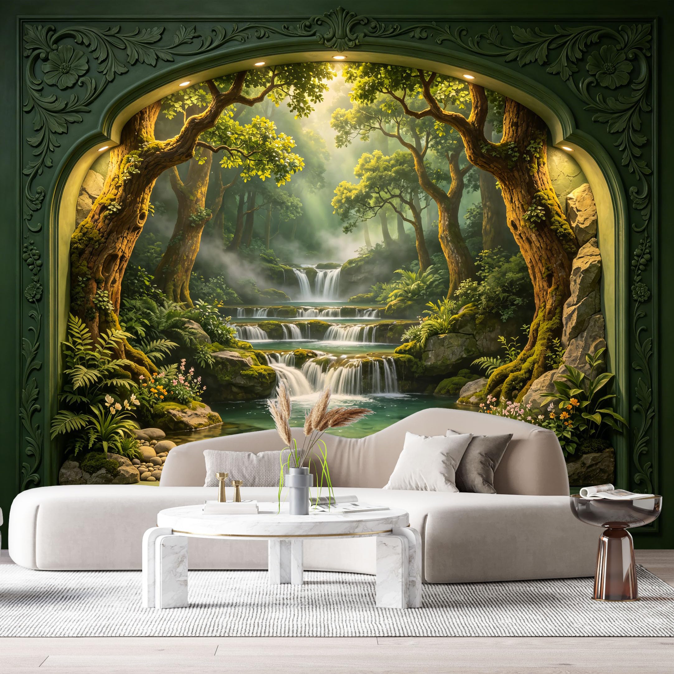 Custom Size Wall Murals Forest Waterfall Landscape 3D Trompe L'Oeil SelfAdhesiveWall Fabric Removable Wallpaper Wall Decor for Living Room Bedroom Bathroom