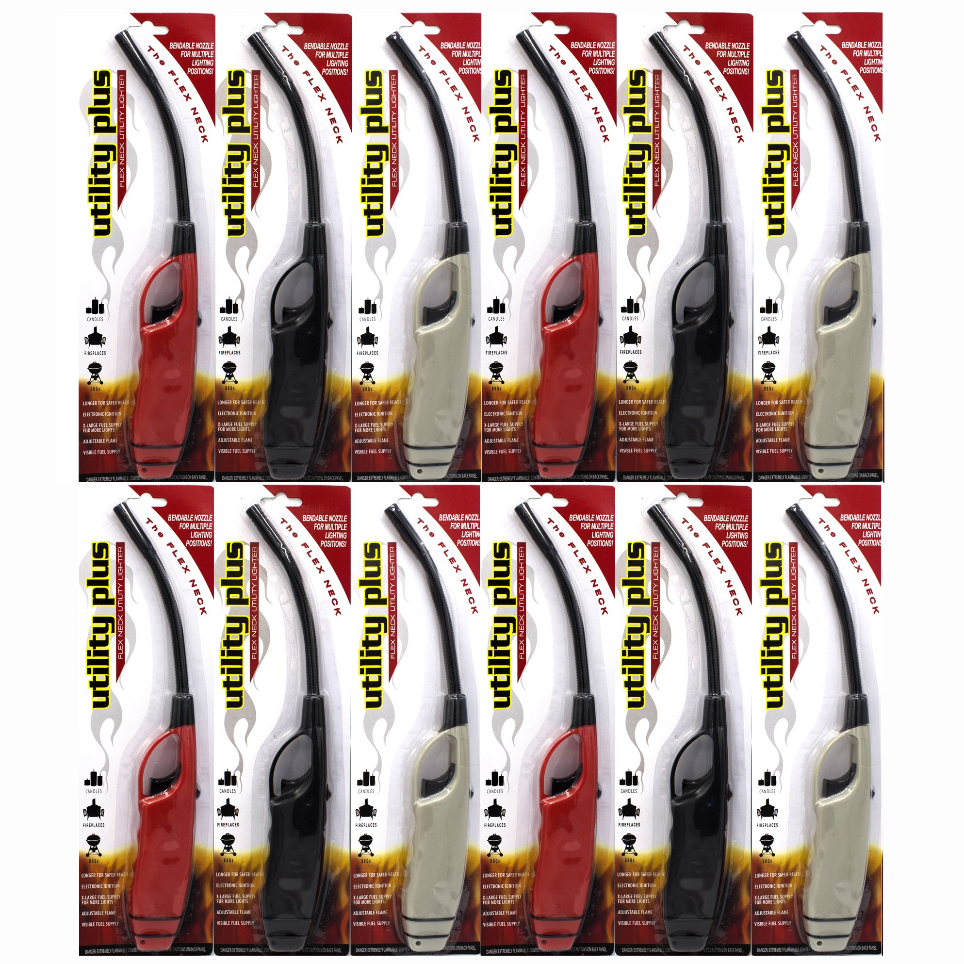 Elite Brands USAFlexible Neck Multi Purpose Long Neck Lighters, Ideal for Candle Lantern BBQ Grilling Fireplace Campfires Hiking, Utility Lighters, Bulk Pack of 12
