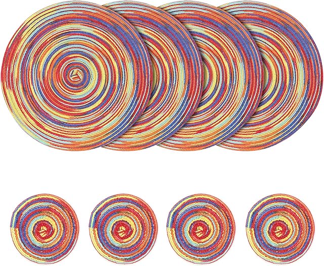 Woven Round Placemats Set, 4Pcs 38cm Table Cotton Placemats and 4Pcs 11cm Coaster, Heat Resistant Washable Table Mats for Kitchen, Dining Table (Red)