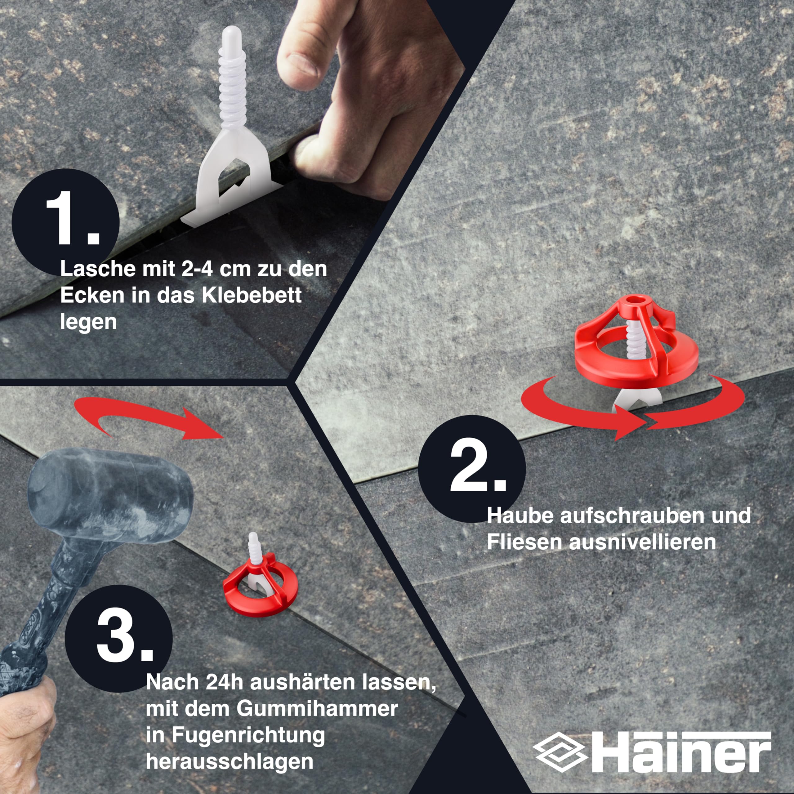 Hainer® Premium Fliesen Nivelliersystem Fliesenverlegehilfe | Saubere Fugen durch perfekte Abstandshalter, für Heimwerker & Profis inkl. Ebook und Anleitung (Set 100 Hauben + 200 Laschen, 2mm)