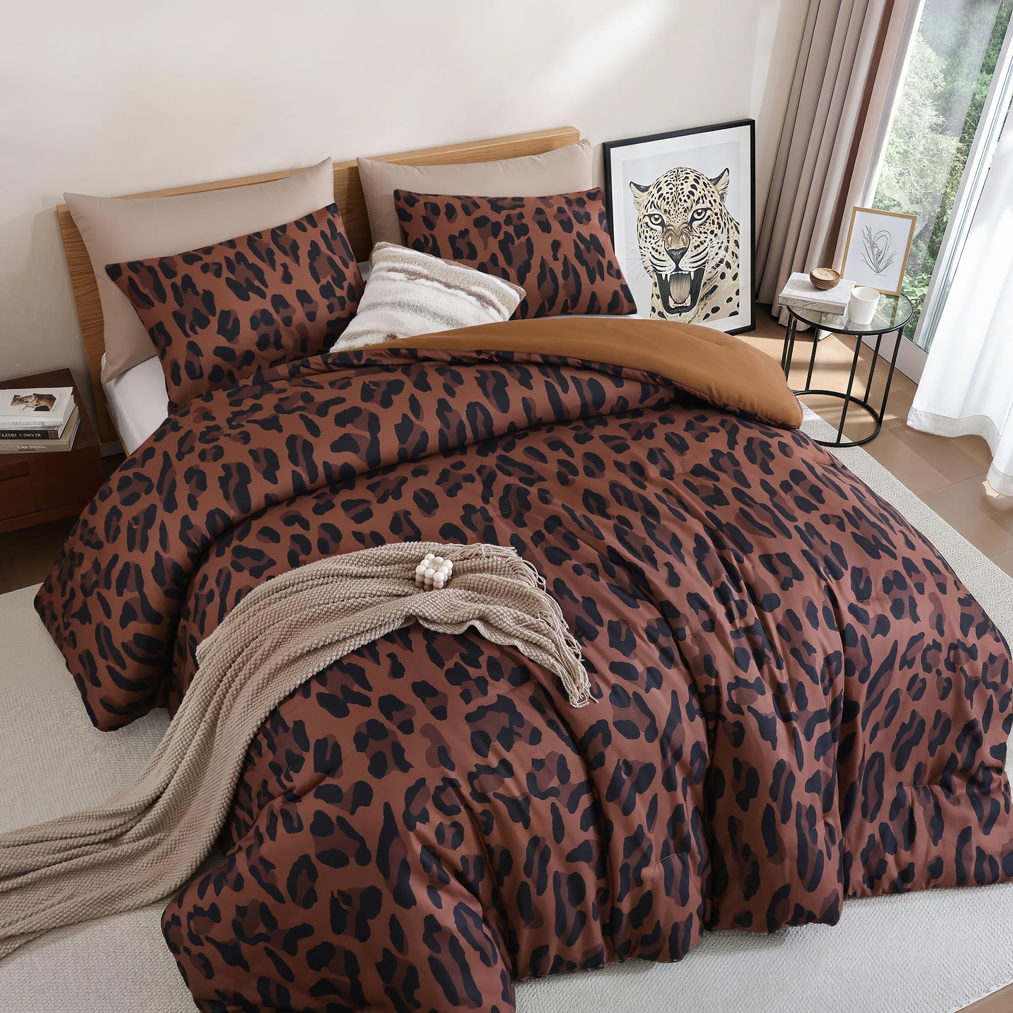 JANZAA Leopard Print Comforter Set Full - 3 Pieces Animal Cheetah Print Comforter Set, Cozy Soft Fluffy Brown/Pink/Floral Print Bedding Set with 2 Pillow Shams for All Season