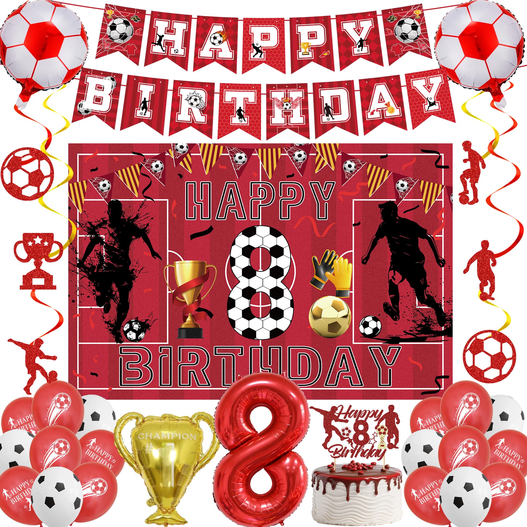 LPPIIUSSU Football 8th Birthday Party Decorations - 32 Pcs Red Soccer Party Happy Birthday Banner Hanging Swirls Backdrop Latex Foil Balloons For Fans Sports Theme 8 Years Old Party Supplies
