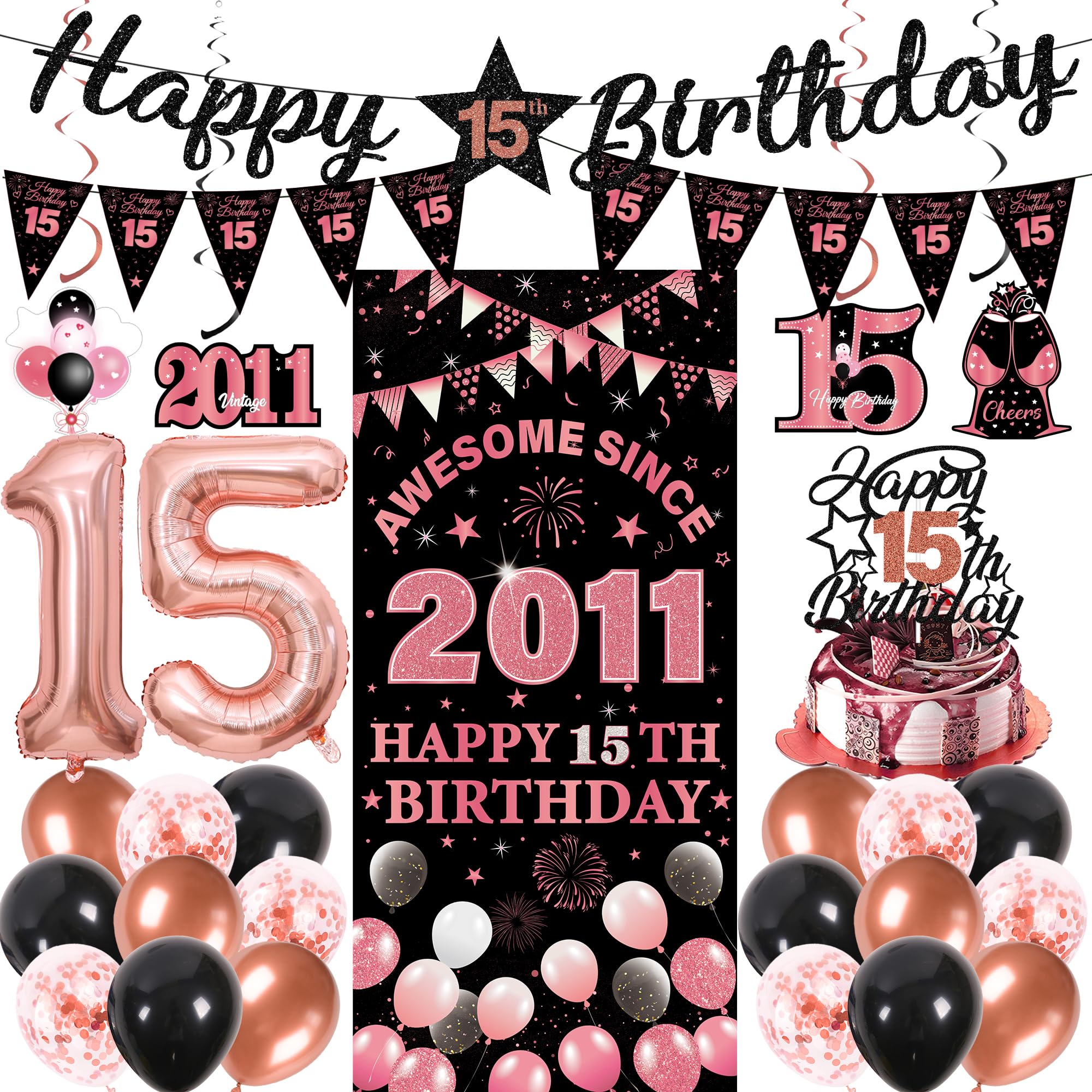 15th Birthday Decorations Girls Kit - 27 Pcs Black Rose Gold Happy 15th Birthday Banner Triangular Flag Hanging Swirls Backdrop Cake Topper 15 Balloon Set for 15 Years Old Party Decoration Supplies