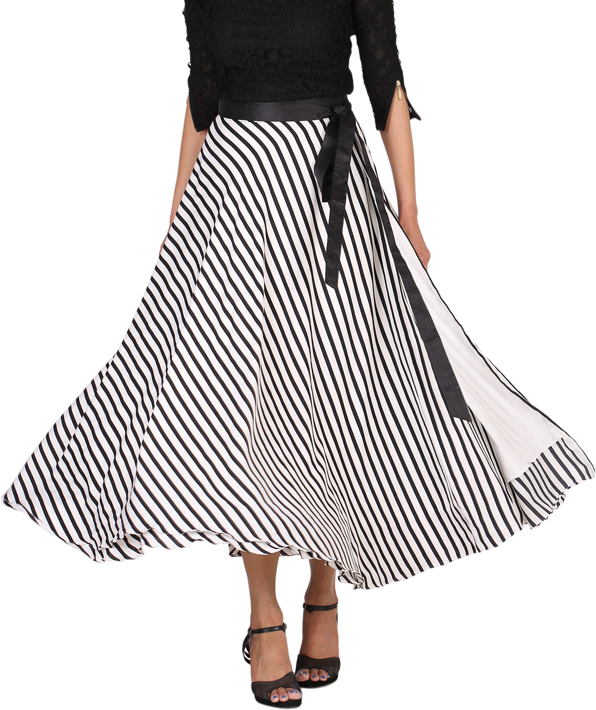 DeeVineeTi Crepe Striped Long Wrap-Around Skirt for Women Summer Casual Off-White Free Size Skirt
