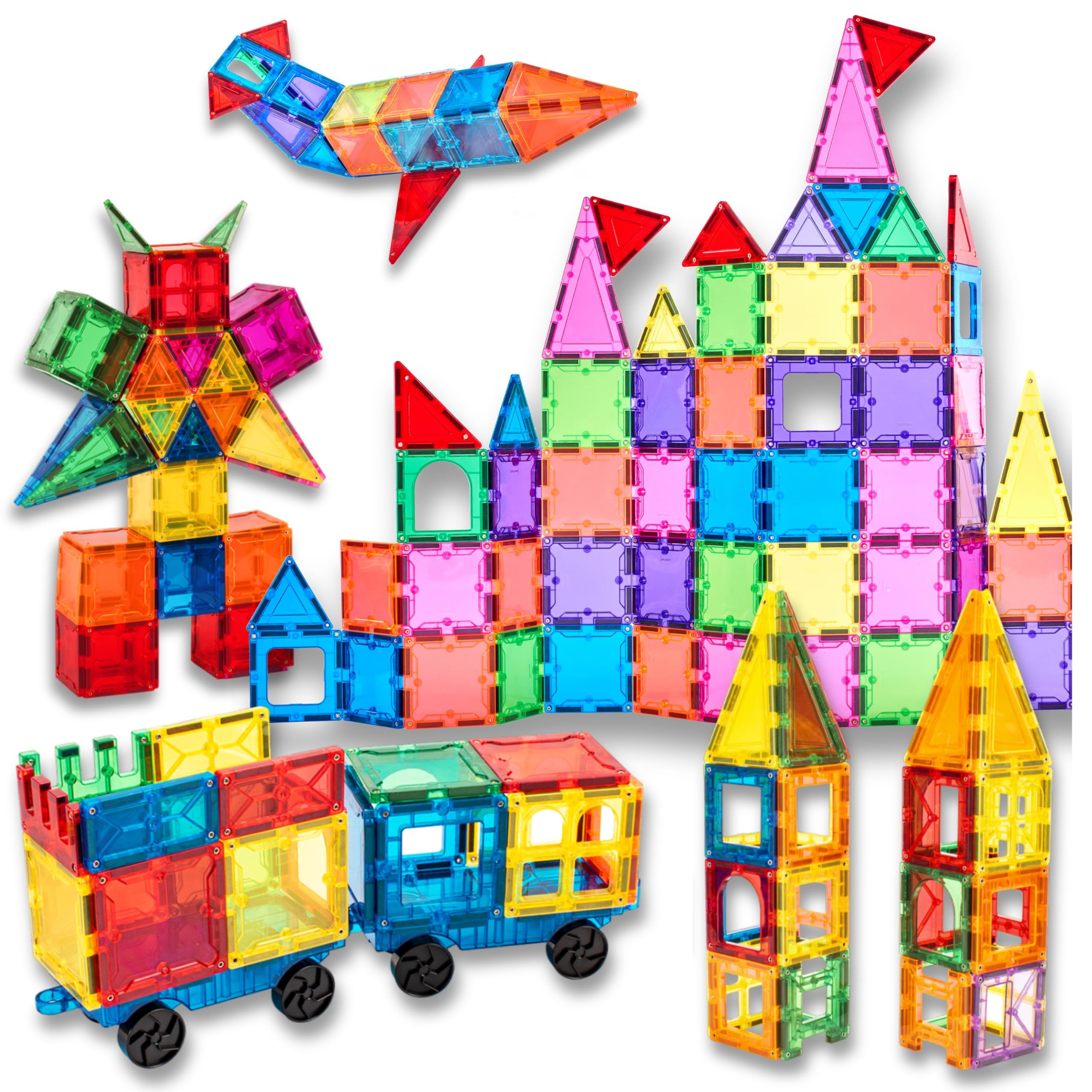 Kidikka 110 Piece Magnetic Tiles for Kids - Magnet Building Blocks Advanced Set with 2 Cars for More Fun and 6 Large Squares for Bigger Constructions - STEM Approved Educational Toys for 3+ Year Old