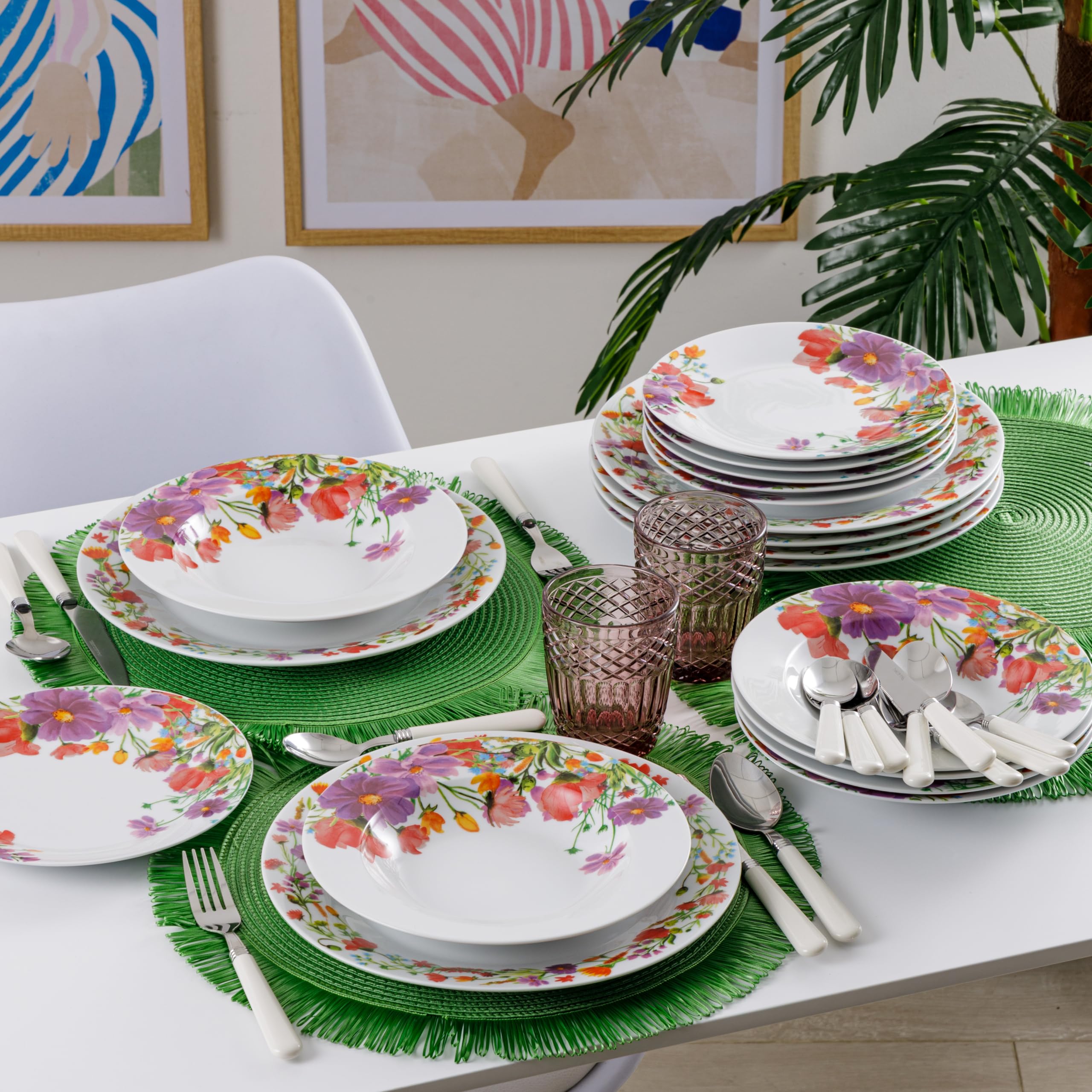 Baroni Home Vajilla de Porcelana y Gres de 18 Piezas, Vajilla de Color para 6 Personas, Plato Hondo, Plato Llano, Fruta o Postre, Amapolas