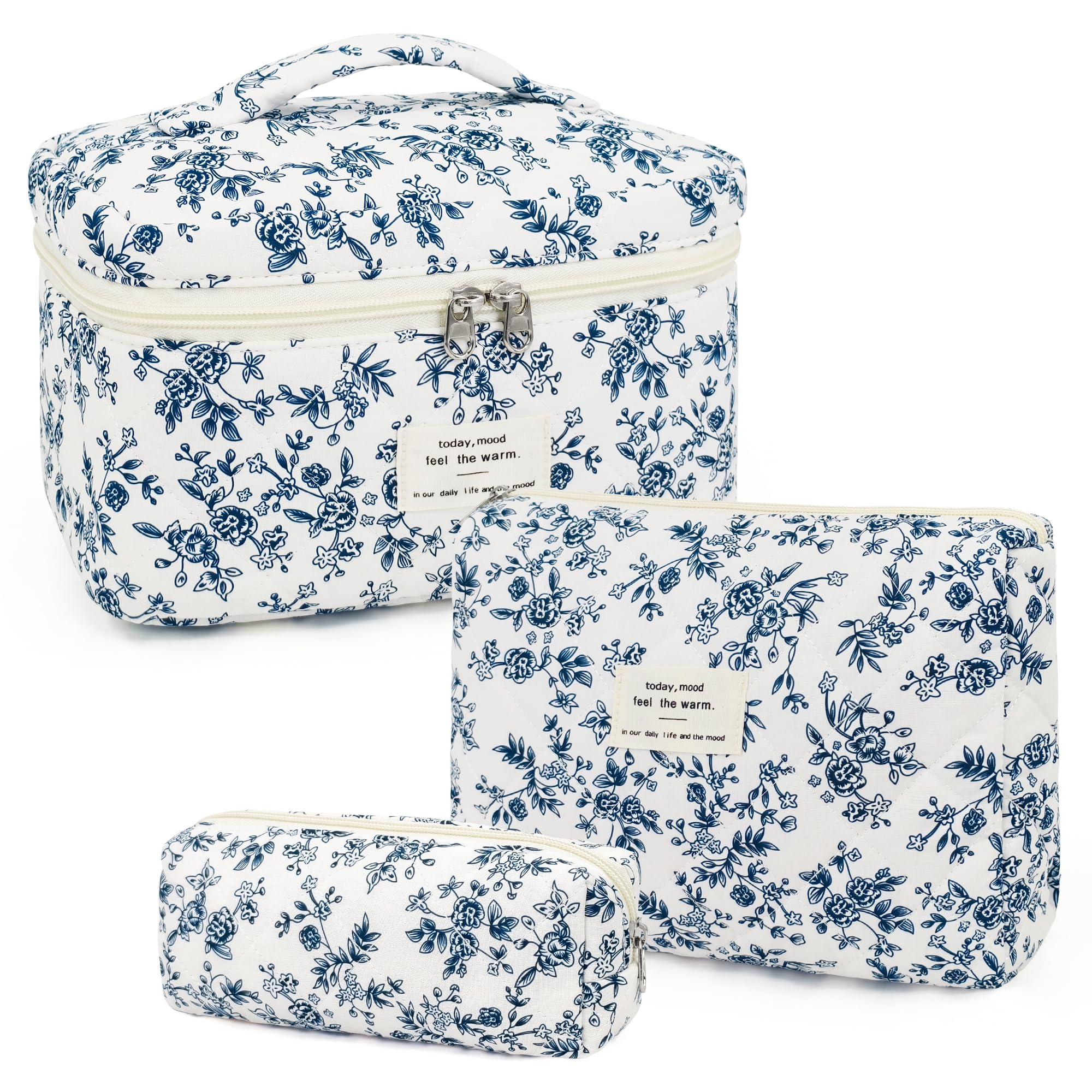 beifon 3er Set Kosmetiktasche Kulturtasche Damen mit Blumenmuster, Kulturbeutel Make Up Tasche, Tragbare Schminktasche Makeup Bag Waschtasche Groß Frauen Mädchen