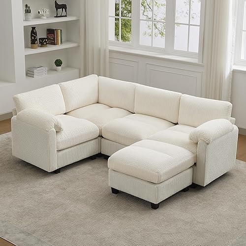 Miniatura 25 de Sofá nube seccional en forma de V de 114 pulgadas con otomana, sofás modulares de 7 plazas para sala de estar, sofá de pana de gran tamaño con