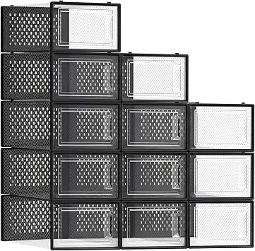 SONGMICS Shoe Boxes, Pack of 12 Shoe Storage Organizers, Stackable Clear Plastic Boxes for Closet, Sneakers, 13.1 x 9.1 x 5.6 Inches, Transparent and Black ULSP006B12
