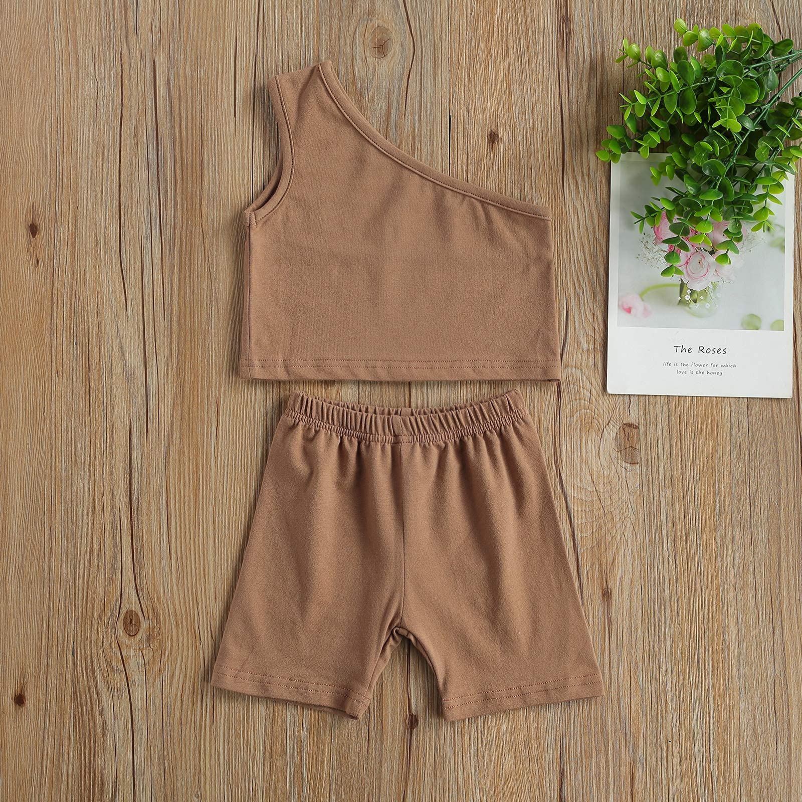 Hnyenmcko Toddler Baby Girls Clothes One Shoulder Solid Color Tank Top Vest+Shorts Set 2Pcs Casual Summer Outfit (Light Brown, 2-3T)