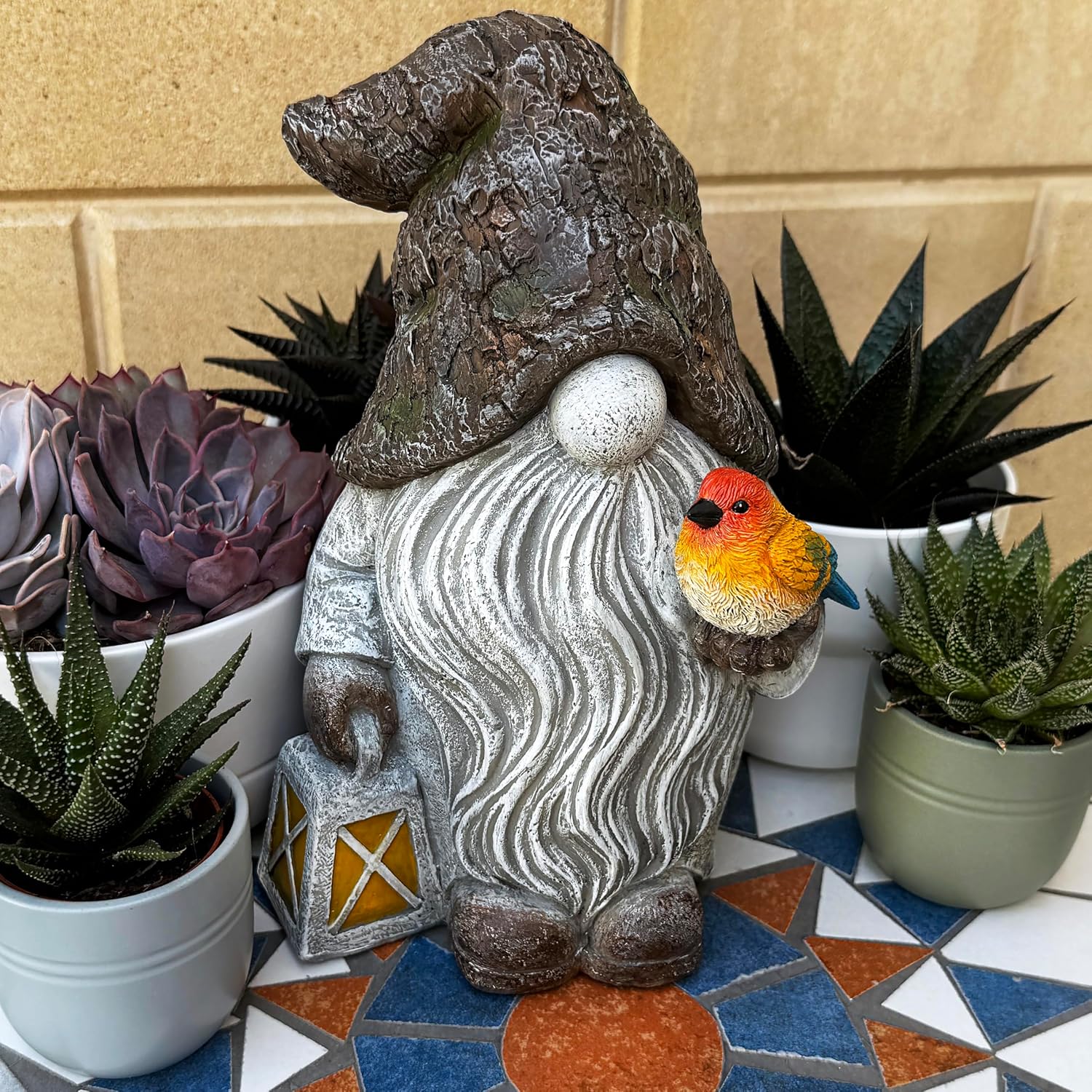 Mood Lab Garden Gnome - Stone Gnome Figurine - 9.1 Inch Tall Lawn Statue with Bird - for Outdoor or House Decor