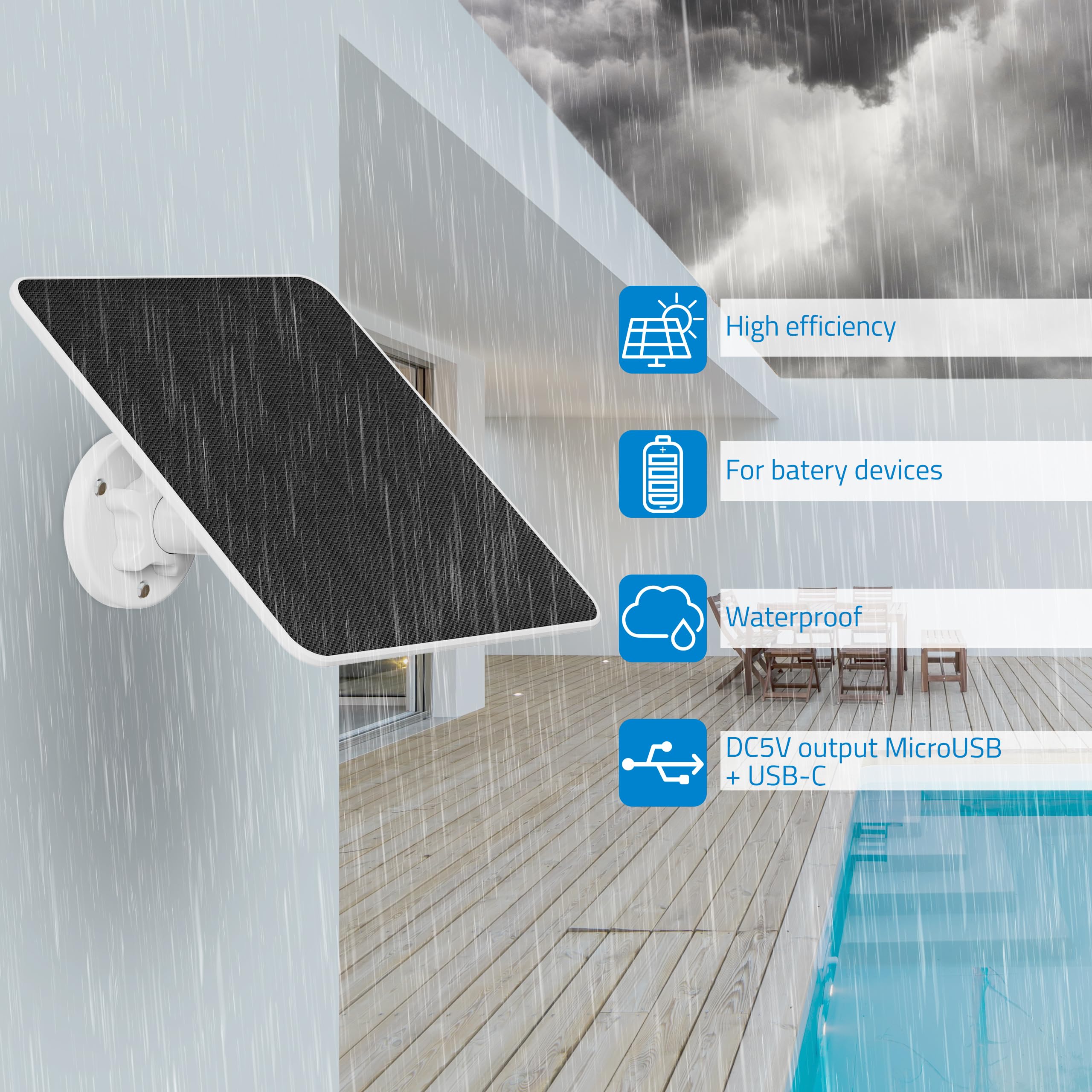 NIVIAN Panel słoneczny 6 W do kamer bezpieczeństwa IP, złącze USB typu C i adapter micro USB, łatwa instalacja z regulowanym uchwytem, biały, 1 sztuka, tworzywo sztuczne