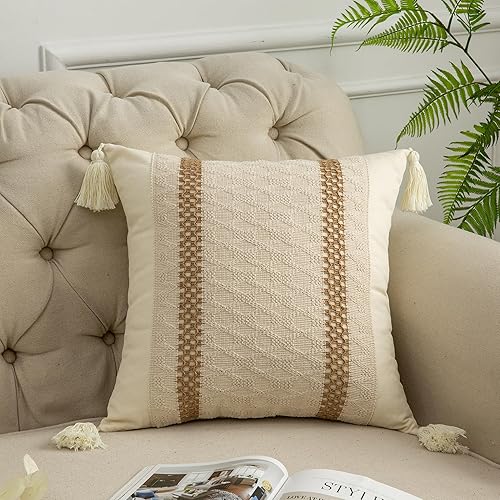 Fundas de almohada de 18 x 18 pulgadas con borlas para sala de estar, algodón y arpillera con textura a rayas, fundas de almohada bohemias (beige y