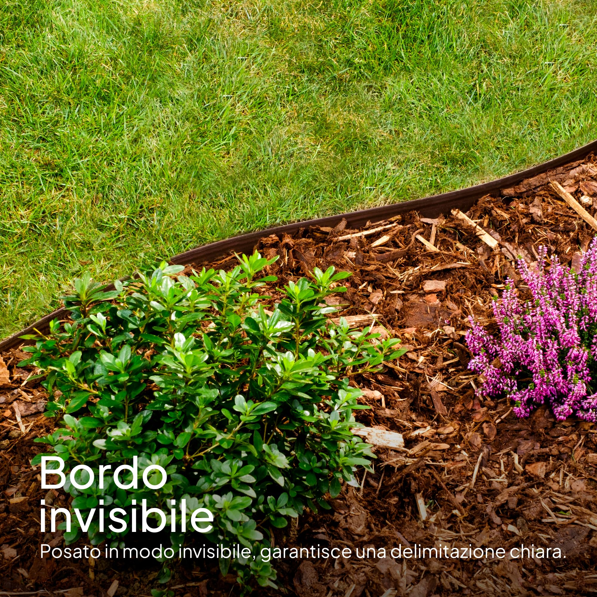 UNIGARDIA Bordura per Aiuola 20 m - Altezza 13 cm, Spessore 3 mm - Bordatura per Giardino in Plastica - Cordolo Flessibile per Aiuole - Uso Semplice, Marrone con Decori in Legno
