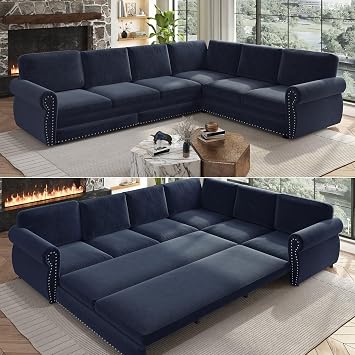118 Pull Out Couch, Convertible Sleeper Sofa Bed, Upholstered Sectional Sofa, Chenille L-Shaped Couch with Nailhead Trim, Modern Sectional Couches for Apartment, Living Room, Blue