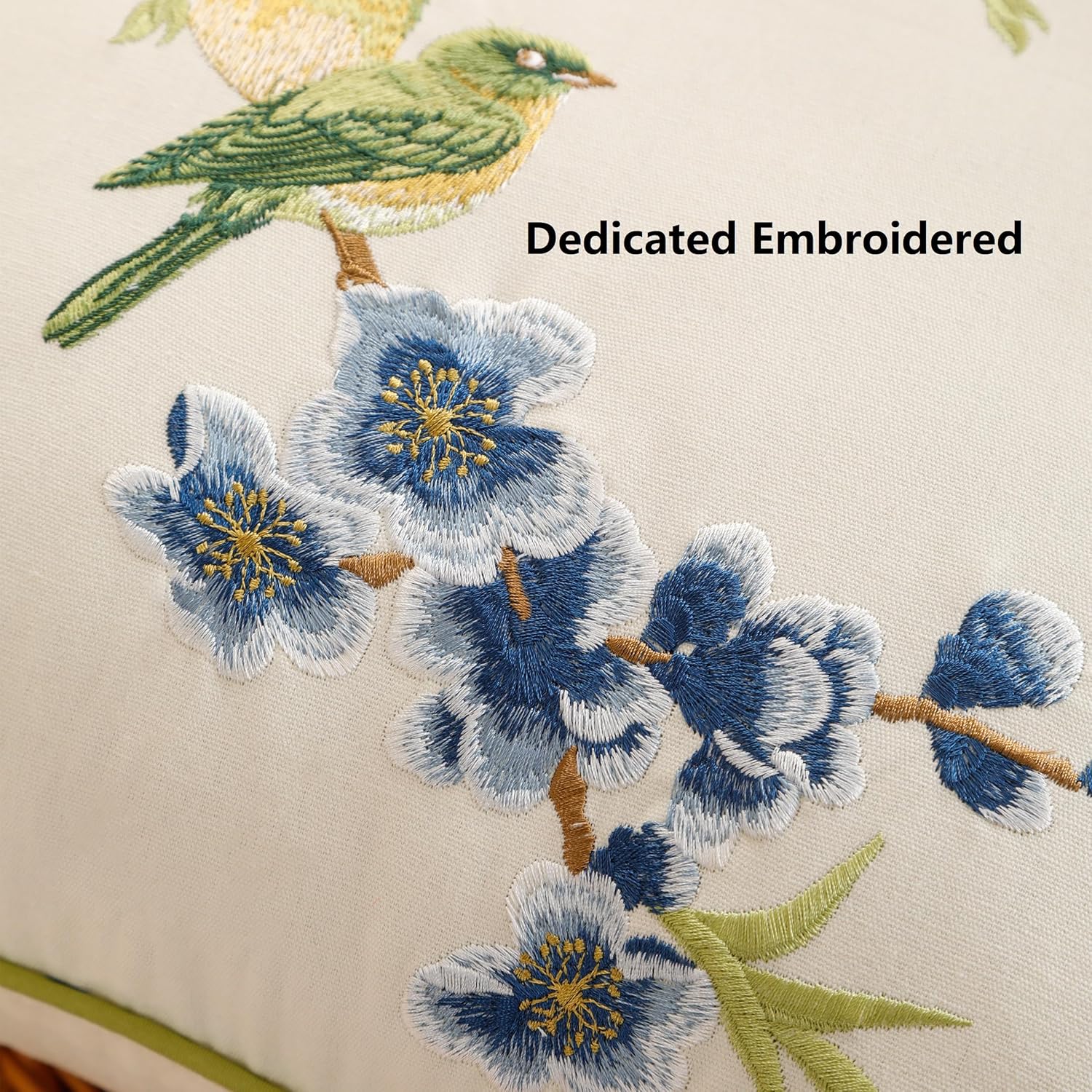 Holibeat Embroidered Flower Birds Throw Pillow Covers 18 * 18 inches Spring Decorative Peach Blossom Pillowcases (Pack of 2) (whiteblue)