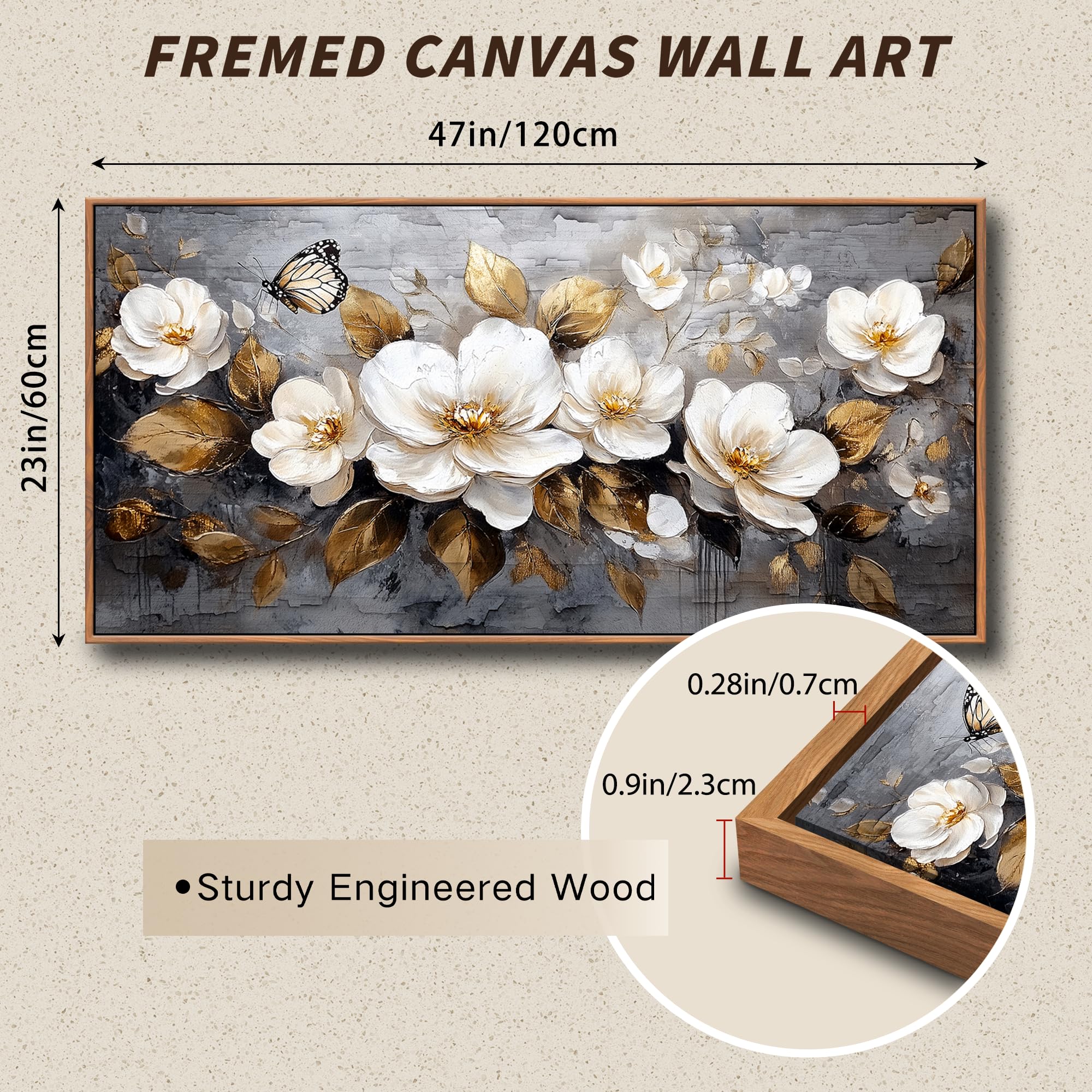 hyidecorart Goldene Blumen Leinwand Bild mit Rahmen Holz, 60x120 cm XXL Wandbilder Wohnzimmer Modern Bilder, Wanddeko Aesthetic Schlafzimmer Badezimmer Kunst Büro Zimmer Esszimmer
