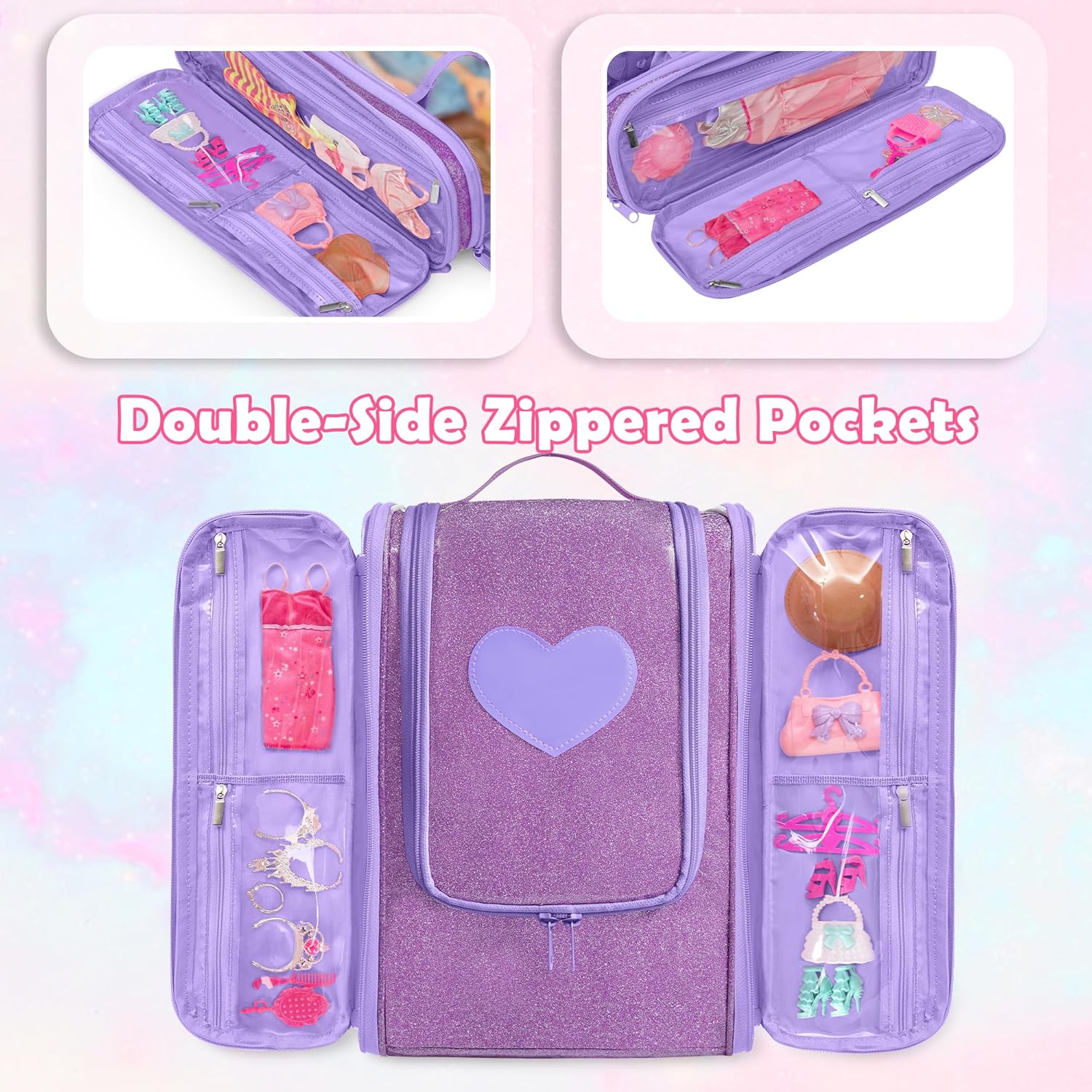 LoDrid Travel Carrying Case Compatible with Barbie Dolls 12-inch Holds up to 6 Dolls, Display Organizer with Hanging Hook, Doll Clothes Storage with Multiple Pockets for Accessories, Bag Only, Purple