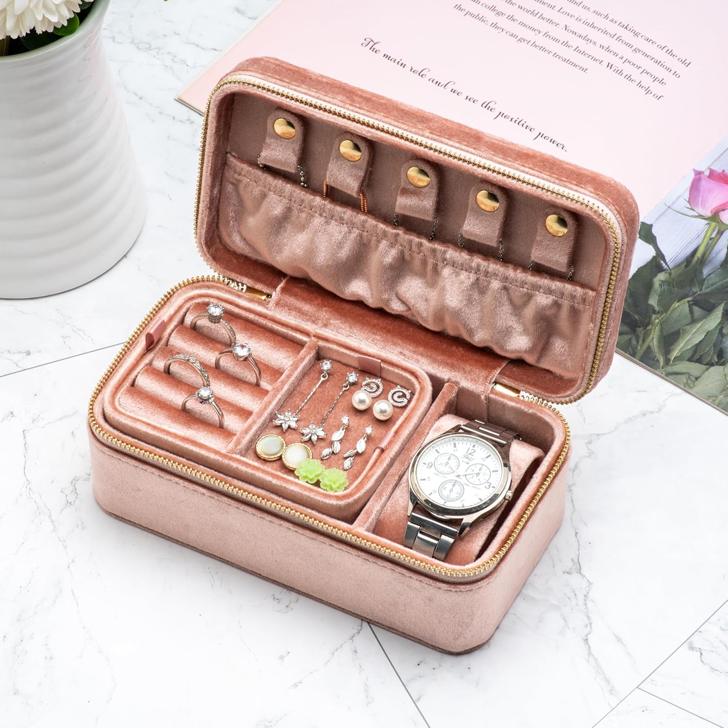 Velvet Multiple Ring Box Jewelry Organizer Display Tray with Zipper Around, Earring Watch Necklace Holder Case for Wedding Birthday Christmas Valentine Day (Blush Peach)