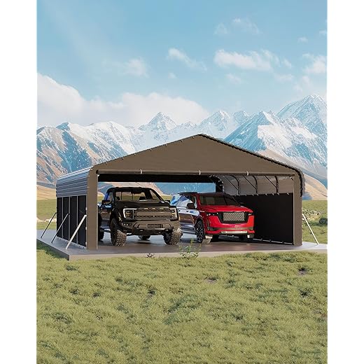 Garvee 20'X20'X10' Metal Carport for 2 Cars, Enclosed Car Ports with Heavy Duty Steel Frame and 220 g Tarp, All-Weather Carport for Full-Size Pickup Trucks, Bass Boats, and Tractors