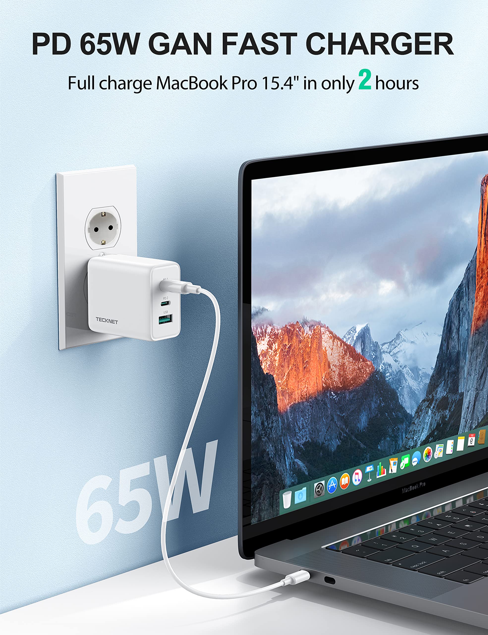 TECKNET Caricatore USB C 65W PD 3.0 GaN Fast Charger, Alimentatore Presa USB 3 Porte,Caricatore USB da Muro Compatibile per iPhone 13 Pro Max/13 Pro/13/13 Mini, MacBook Pro, iPad Pro(Senza Cavo)