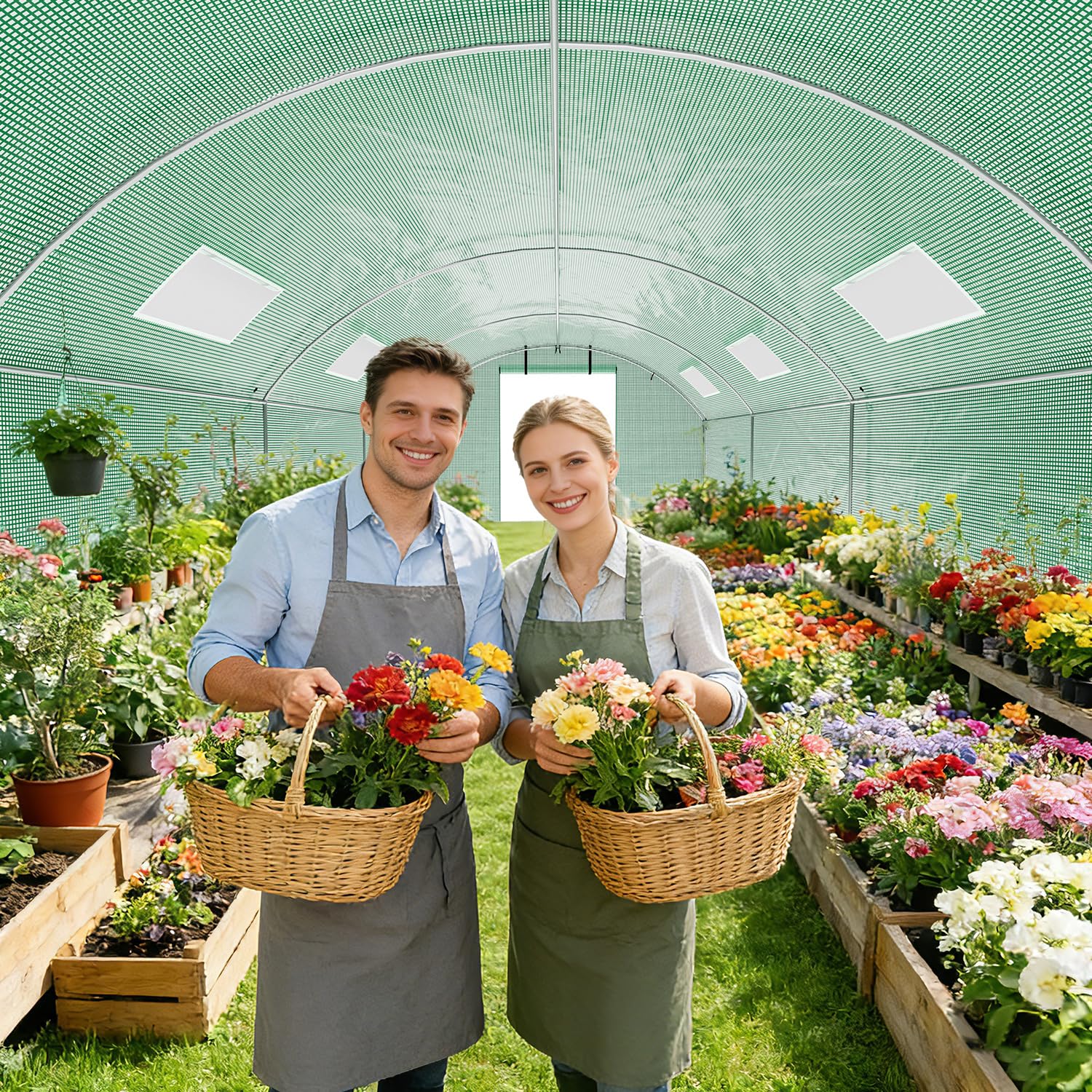 300x800x200 cm Foliengewächshaus Winterfest mit extra stabilem Stahlrahmen, 16 Fenster & 4 Reißverschlusstüren, 2 x 140g/m² PE UV50+, Tomaten Gewächshaus inkl. 54 Erdanker Set