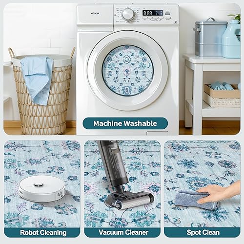 Miniatura 6 de Tangsoo Alfombra lavable para pasillo, antideslizante, 2 x 6 pies, estilo bohemio, floral, vintage, para entrada, suelo suave, para cocina, baño,