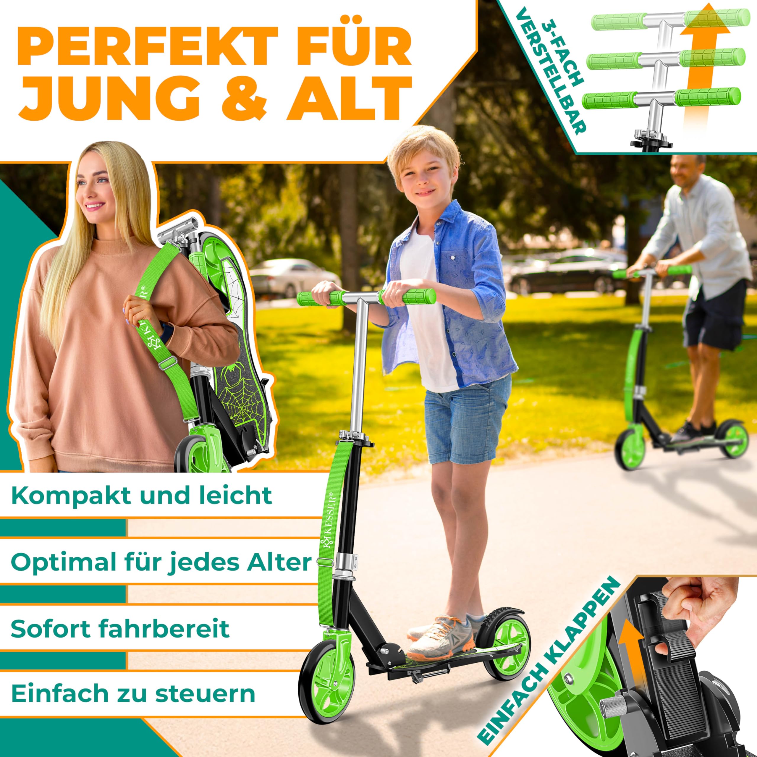 KESSER® City Scooter per Bambini, Monopattino Pieghevole Regolabile in Altezza, Scooter fino a 100 kg, Freno alla Ruota Posteriore, fino a 190 cm di Altezza, Cinghia di Trasporto inclusa