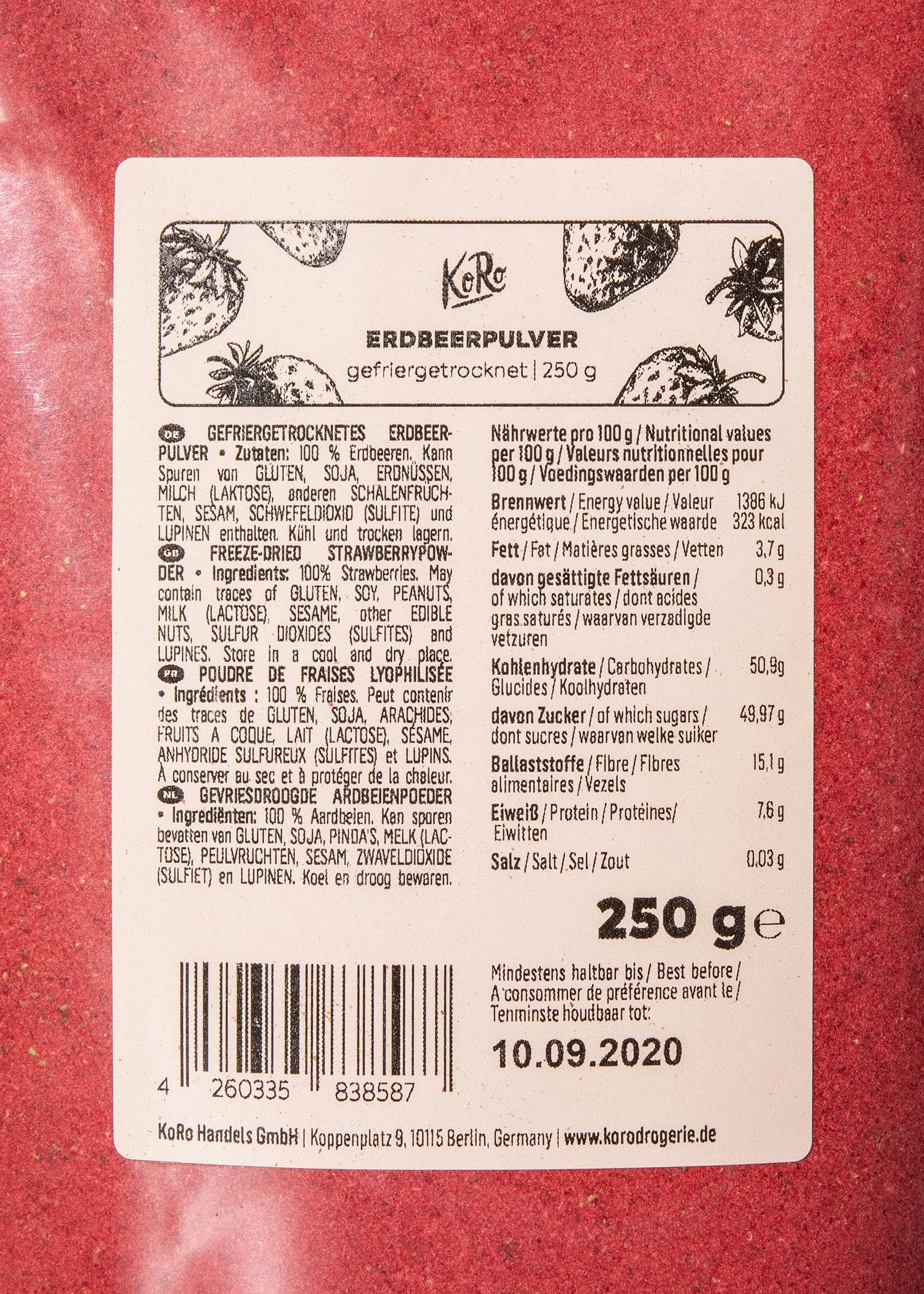 KoRo - Fragole liofilizzate in polvere 250 g - 100% fragole liofilizzate - versatili - maxi confezione
