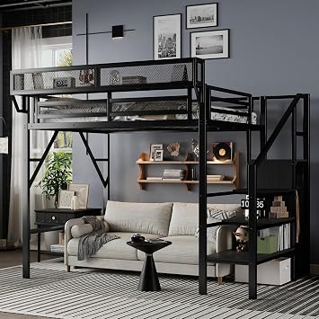 Twin Loft Bed with Stairs and Beside Shelf, Metal Tall Loft Bed Twin Frame with Storage Closet and Large Under-Bed Space, Heavy Duty Beds for Adults Teens Kids, Black