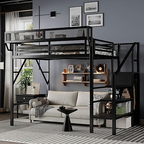Twin Size Loft Bed with Stairs and Storage, Metal Loft Bed Frame with A Shelf and Large Under-Bed Space, Heavy-Duty Loft Beds for Kids Boys Girls Teens, Black
