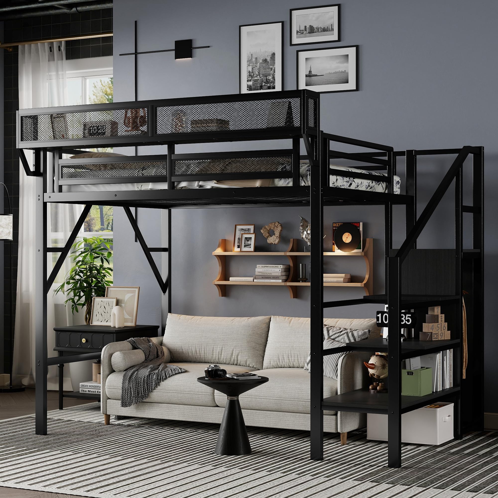Twin Size Loft Bed with Stairs and Storage, Metal Loft Bed Frame with A Shelf and Large Under-Bed Space, Heavy-Duty Loft Beds for Kids Boys Girls Teens, Black
