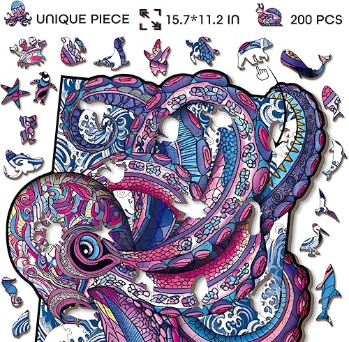 Miniatura 2 de Rompecabezas colorido de mandala, pulpo de mar de madera, rompecabezas de 200 piezas para adultos, divertidos rompecabezas de pulpo oceánico,