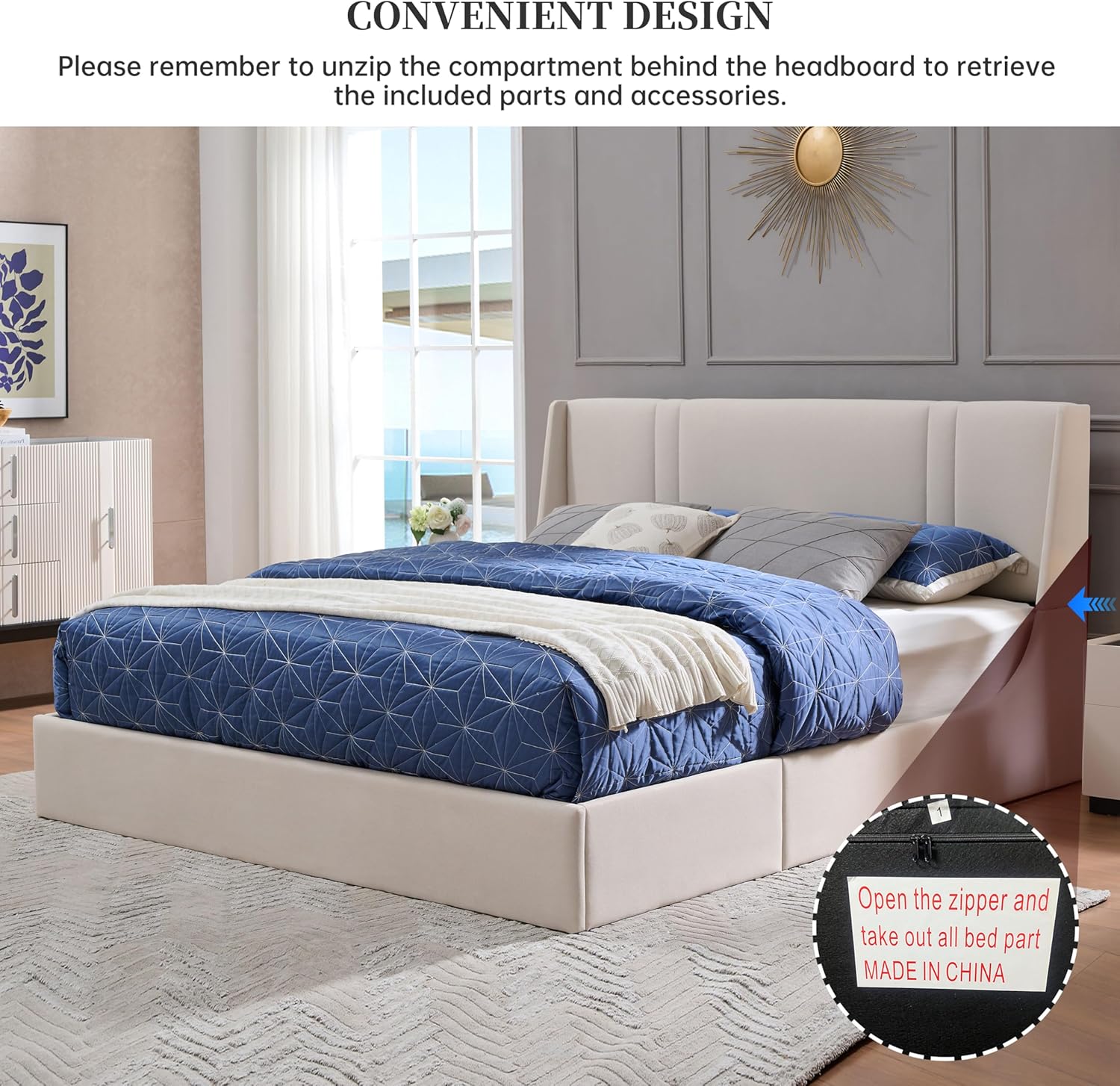 King Size Lift Up Storage Bed Frame, Hydraulic Platform Bed with 41.7" Upholstered Wingback Headboard, No Box Spring Needed, White