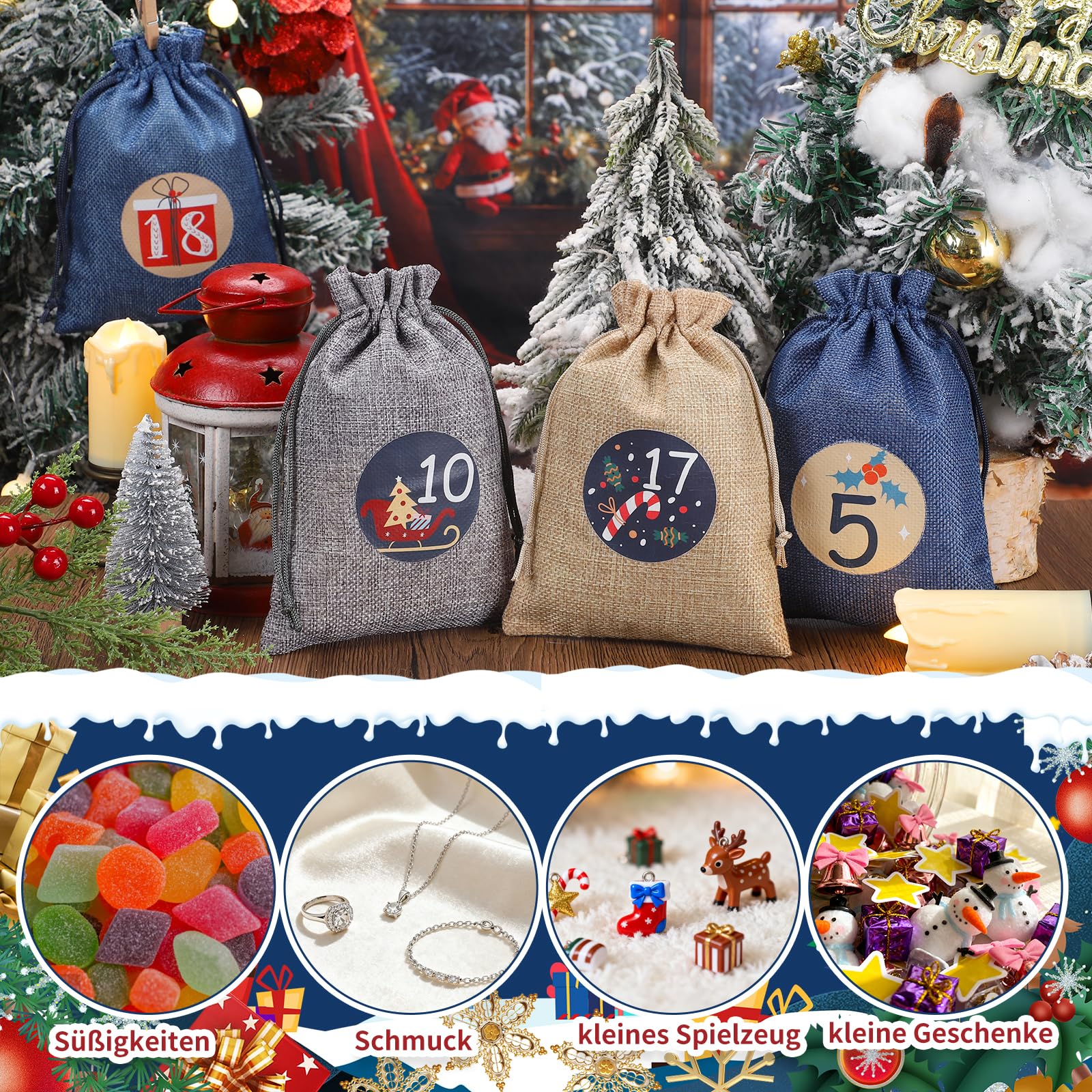 Calendrier De L'Avent à Remplir En Toile De Jute - 24 Sachets Avec Pinces, Guirlande Lumineuse, Déco Noël