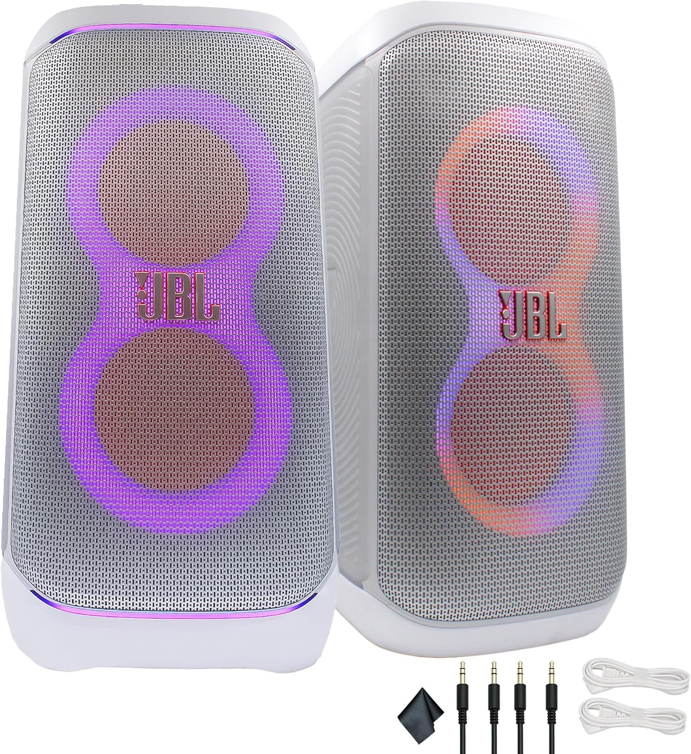 JBL PartyBox Club 120 (White) - 160W Portable Wireless Splash Proof Speaker - 12 Hours of Playtime + 2 x AUX Cable + Microfiber Cloth (2-Pack)