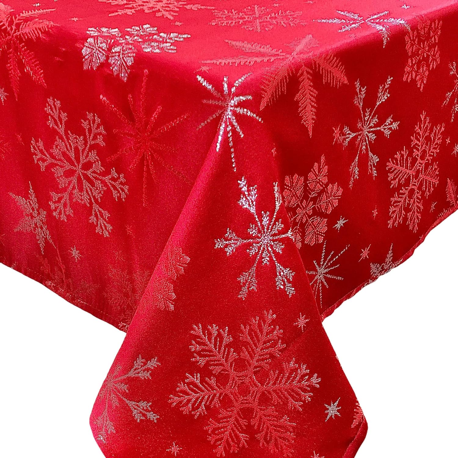 CAIT CHAPMAN HOME COLLECTION Holiday Red Snowflakes Metallic Jacquard Woven Tablecloth (70" x 144" Rectangle)