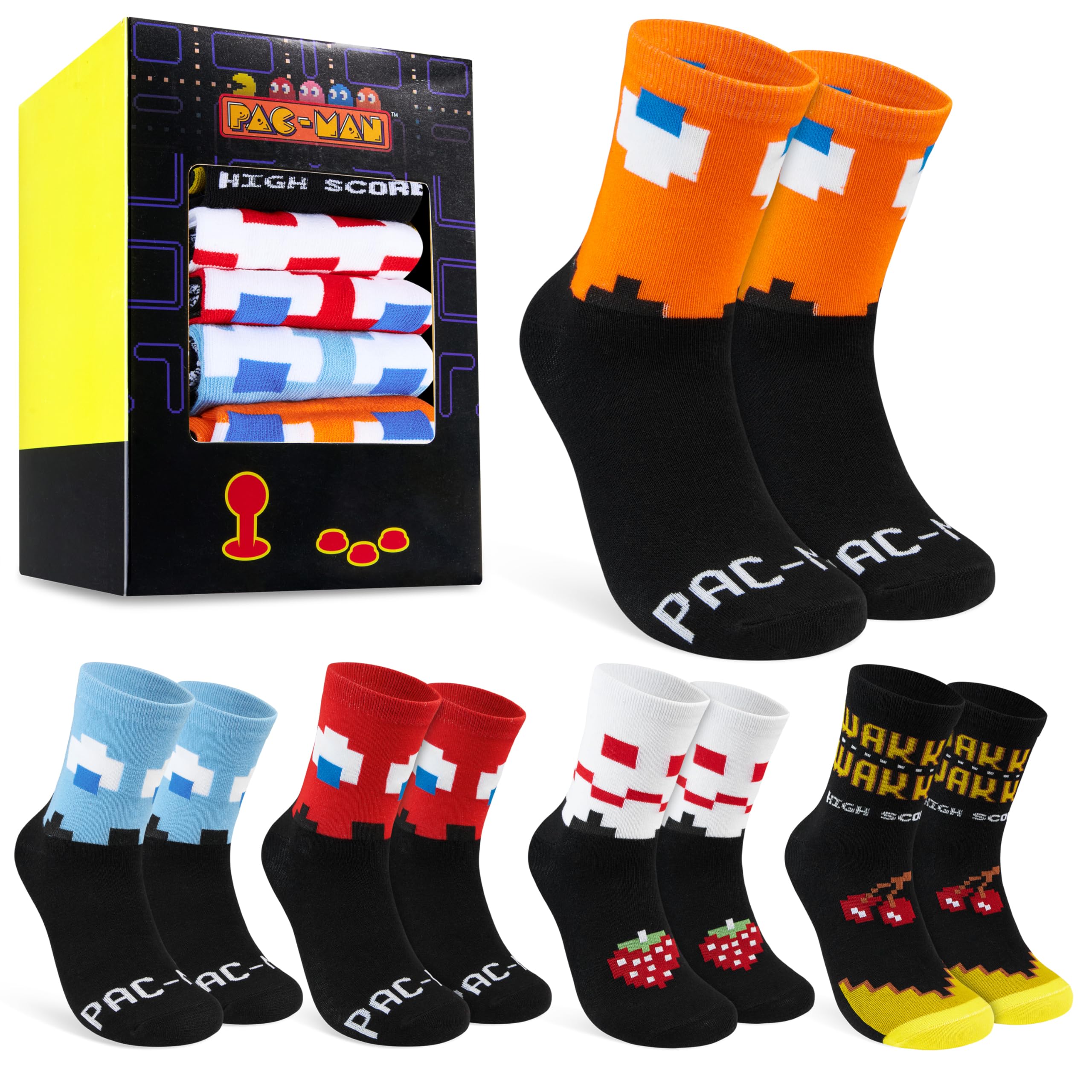 Pac-Man Novelty 5 Pack Socks for Men Women Teens Arcade Games Socks Xmas, Secret Santa Gifts for Gamers